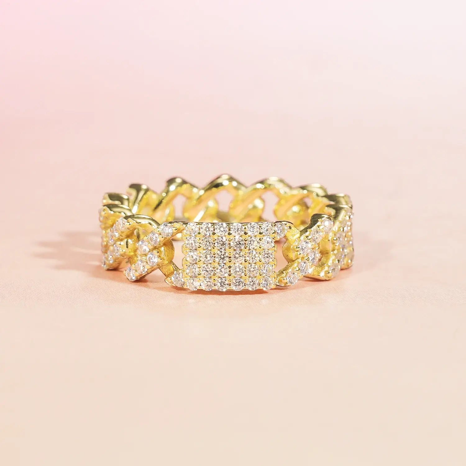 14K Gold Plated Cuban Link Pave Moissanite Diamonds Fashion Wedding Ring