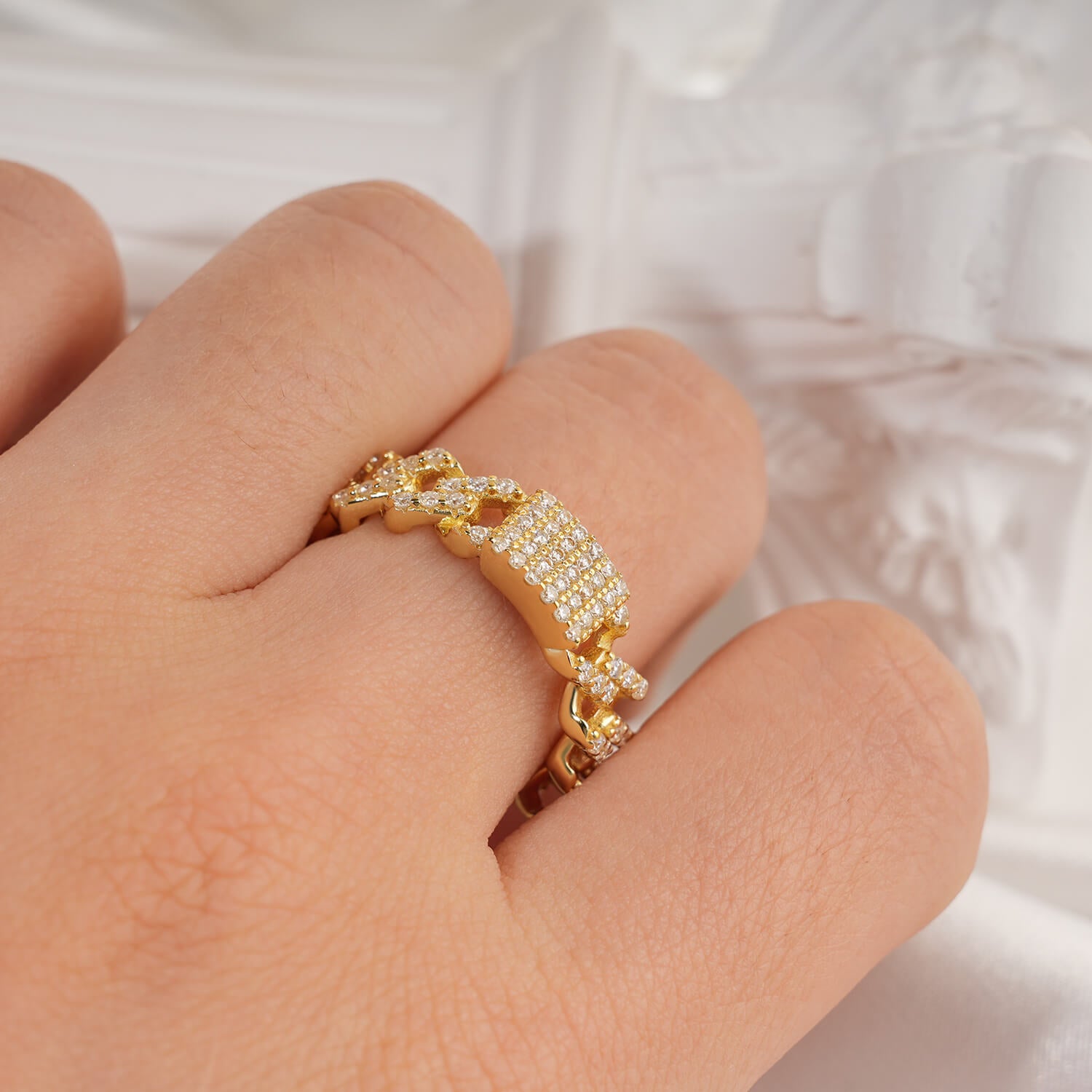 14K Gold Plated Cuban Link Pave Moissanite Diamonds Fashion Wedding Ring