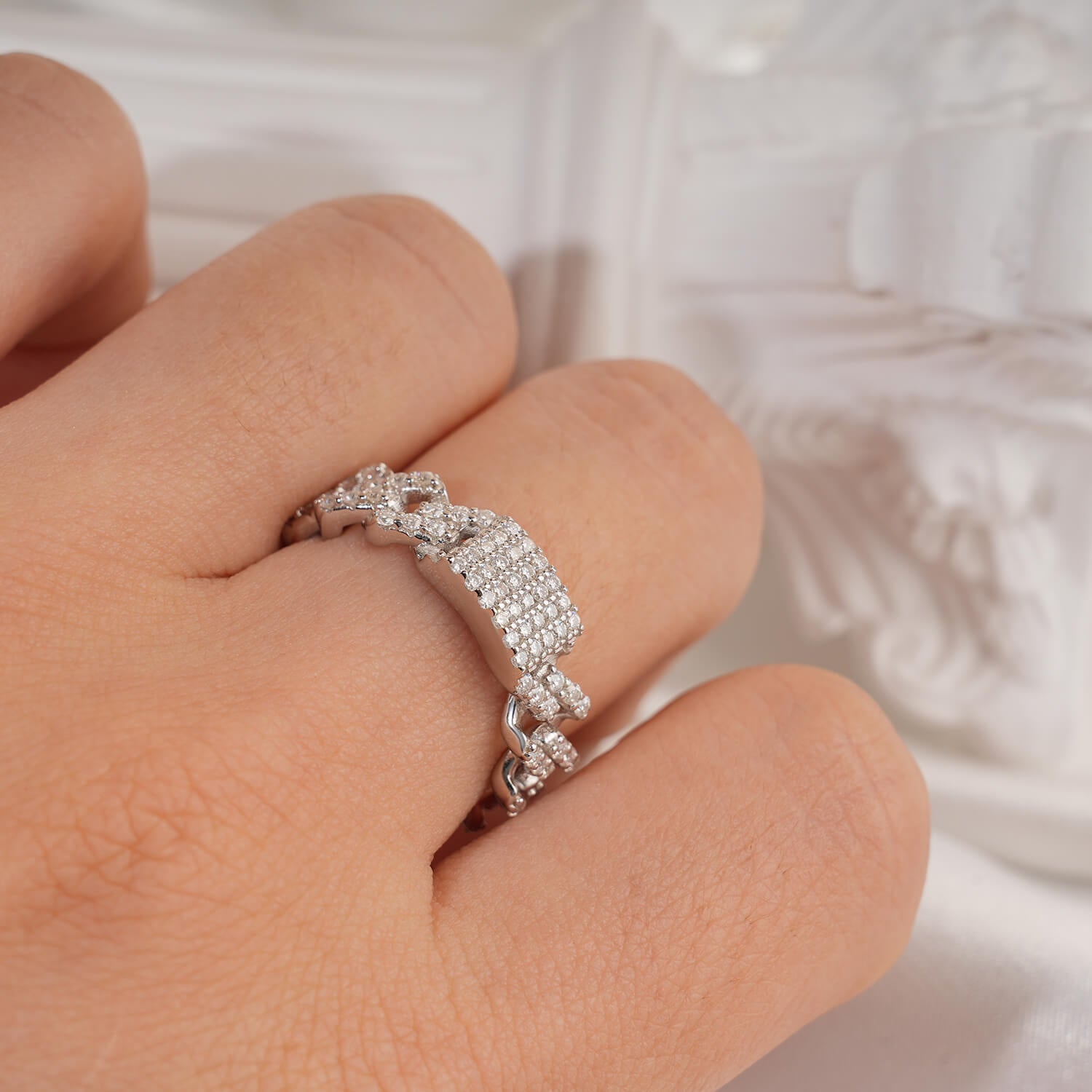 14K Gold Plated Cuban Link Pave Moissanite Diamonds Fashion Wedding Ring