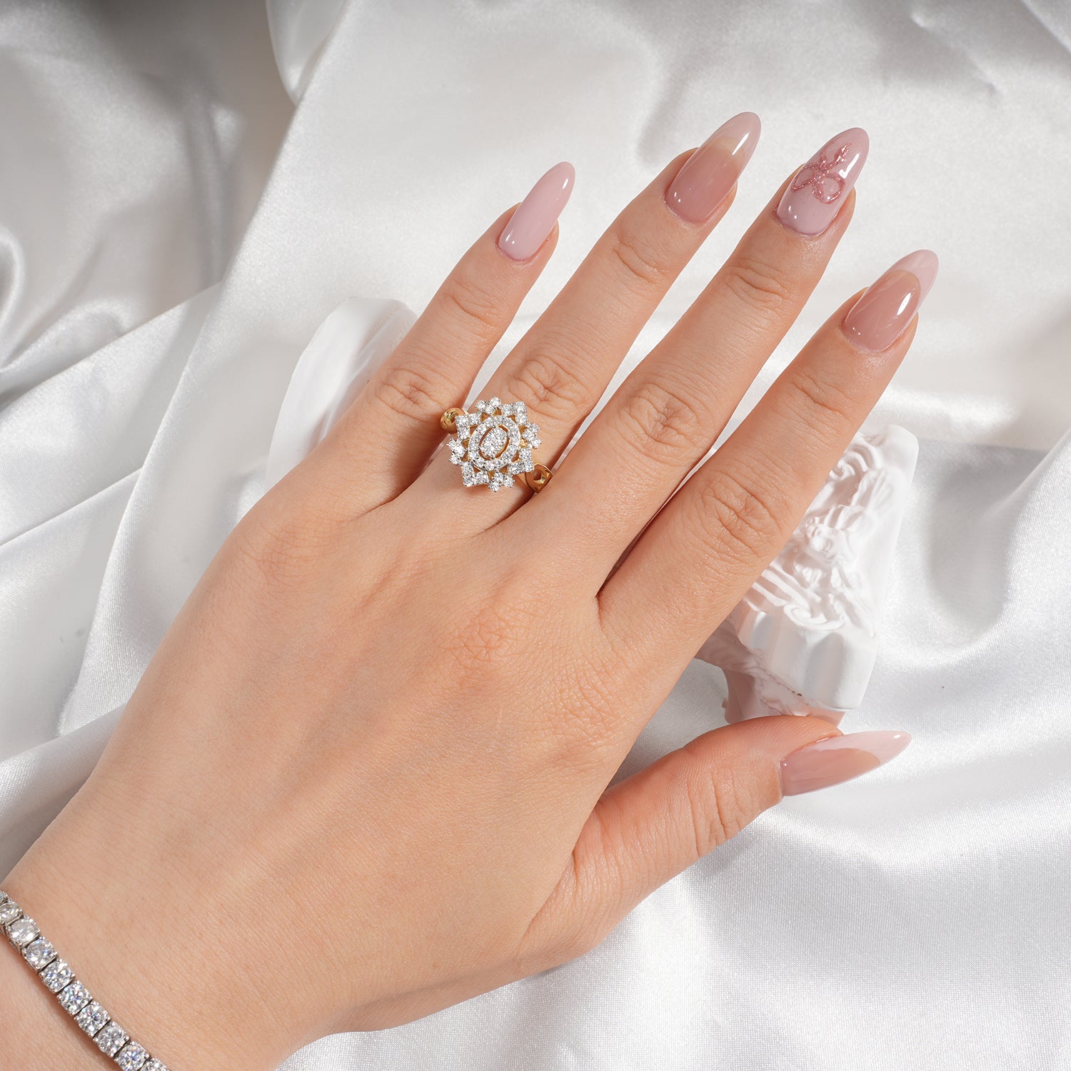 Rhombus Floral Cluster Diamond Vintage Style Two-Tone Setting Engagement Ring