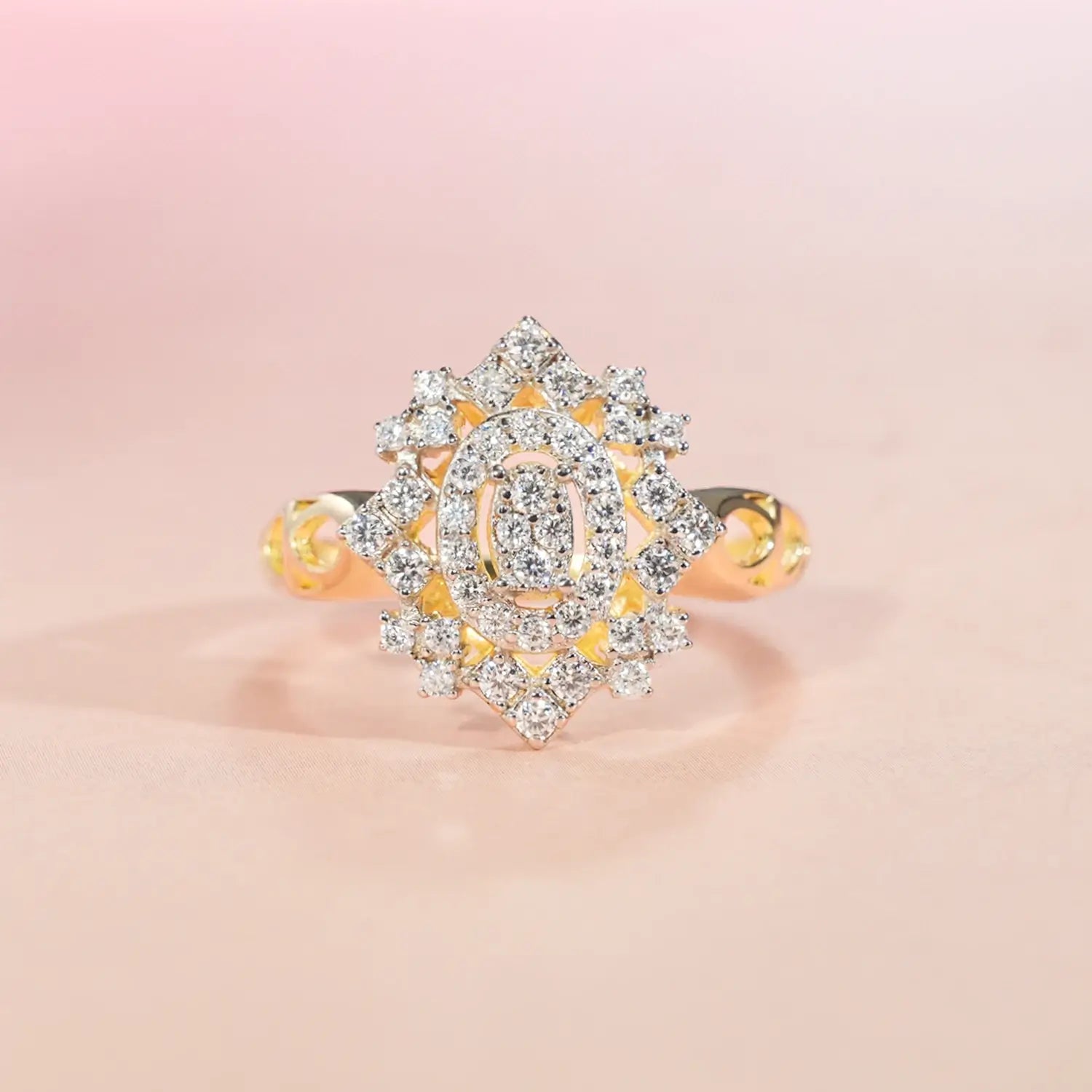 Rhombus Floral Cluster Diamond Vintage Style Two-Tone Setting Engagement Ring