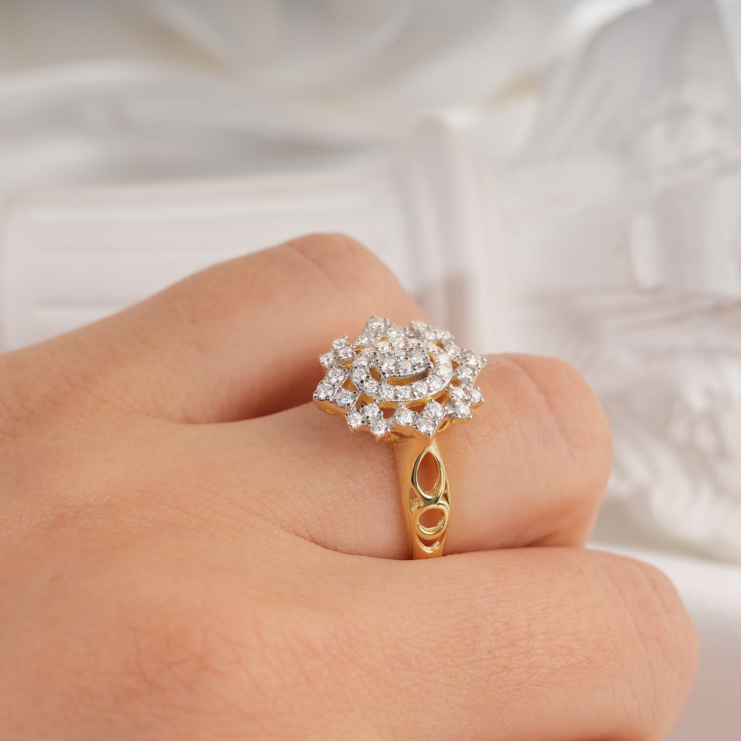 Rhombus Floral Cluster Diamond Vintage Style Two-Tone Setting Engagement Ring