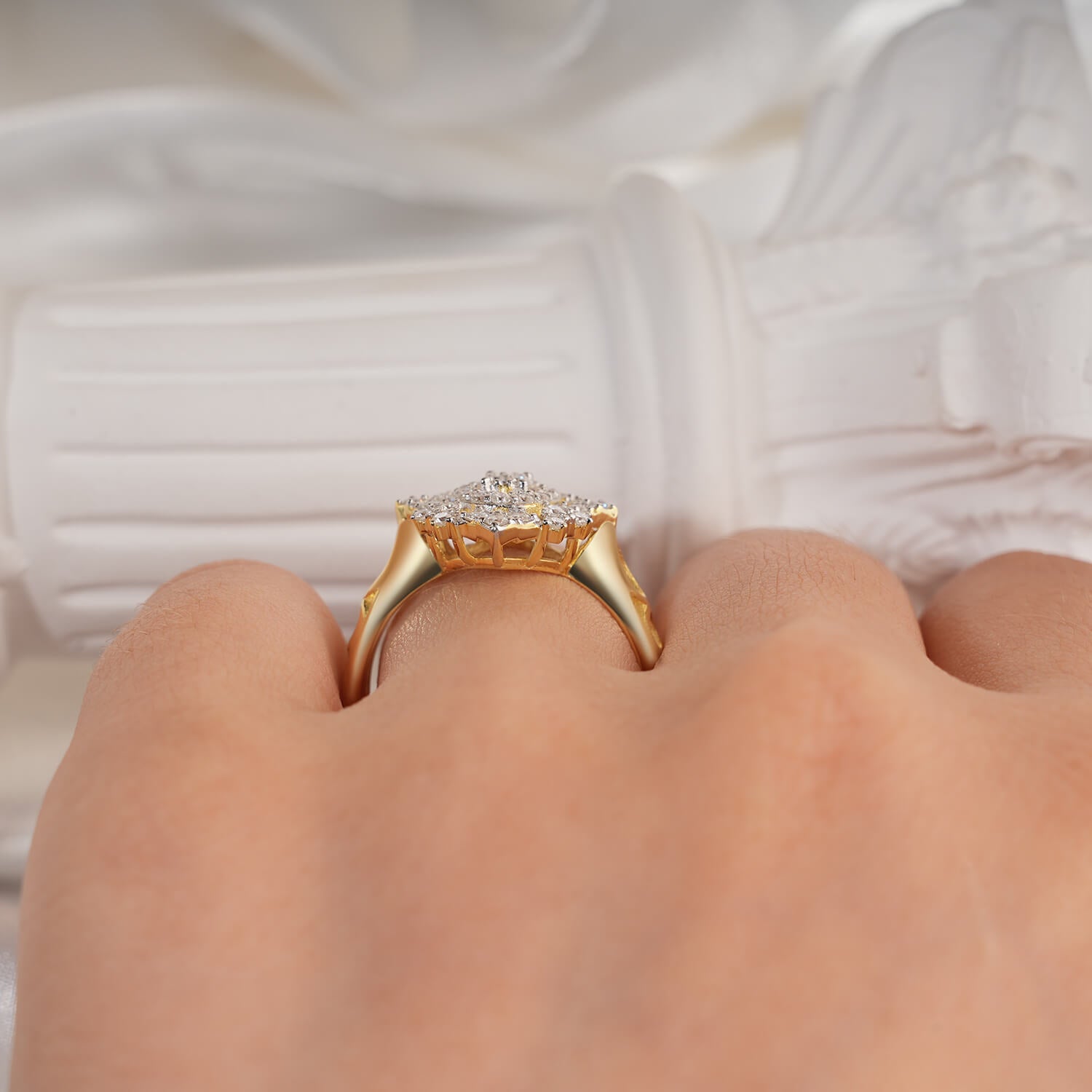 Rhombus Floral Cluster Diamond Vintage Style Two-Tone Setting Engagement Ring