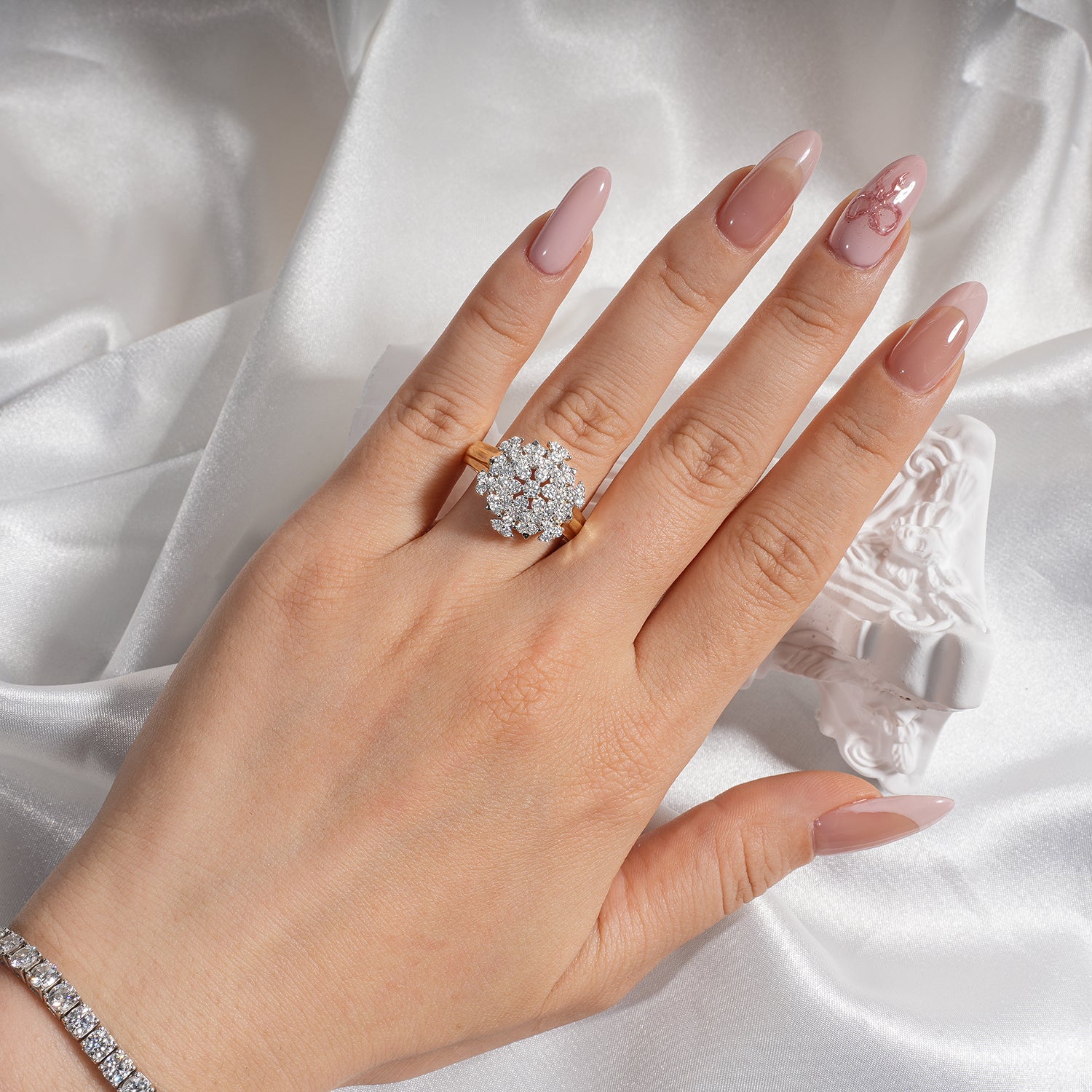 Pave Set Snowflake Cluster Round Brilliant Halo Two-Tone Setting Vintage Style Engagement Ring Wide Ring Band