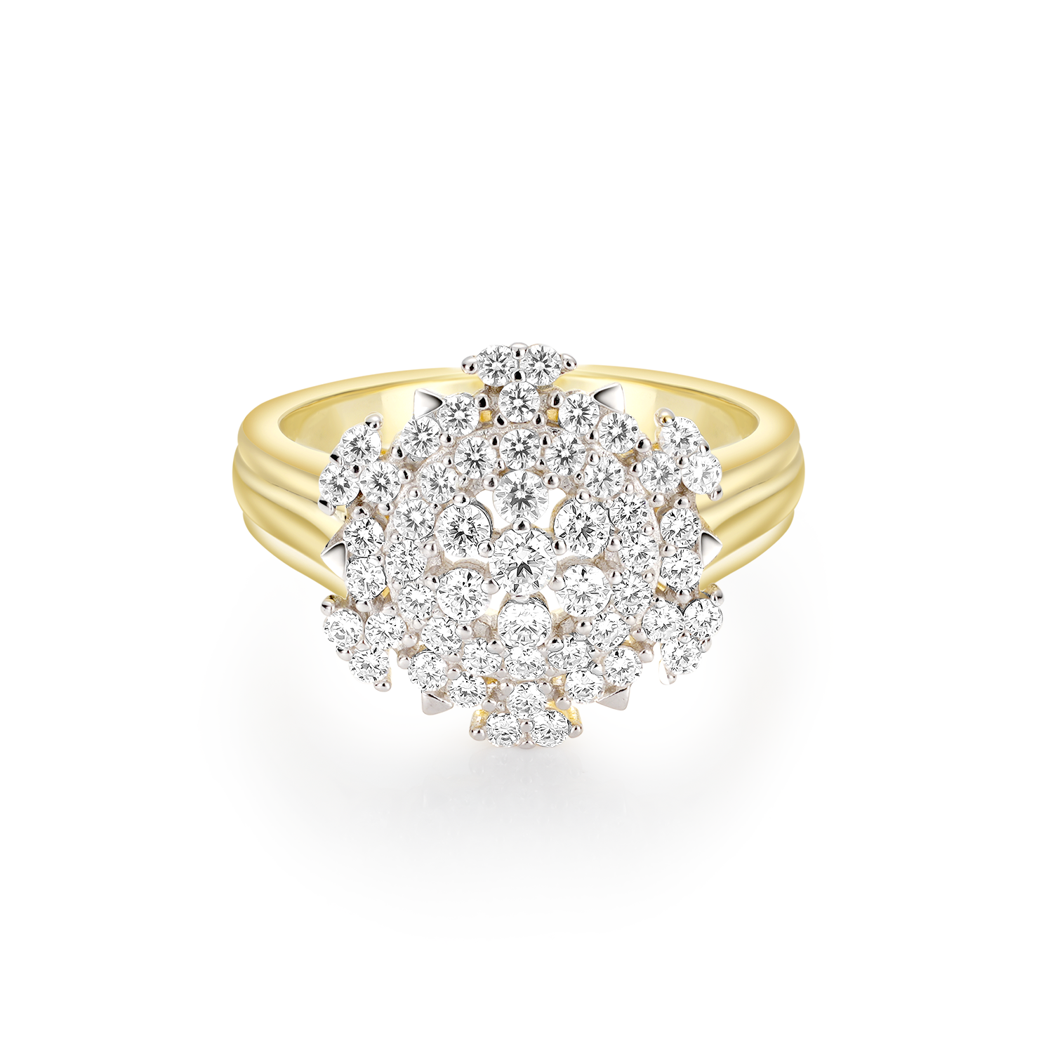 Pave Set Snowflake Cluster Round Brilliant Halo Two-Tone Setting Vintage Style Engagement Ring Wide Ring Band