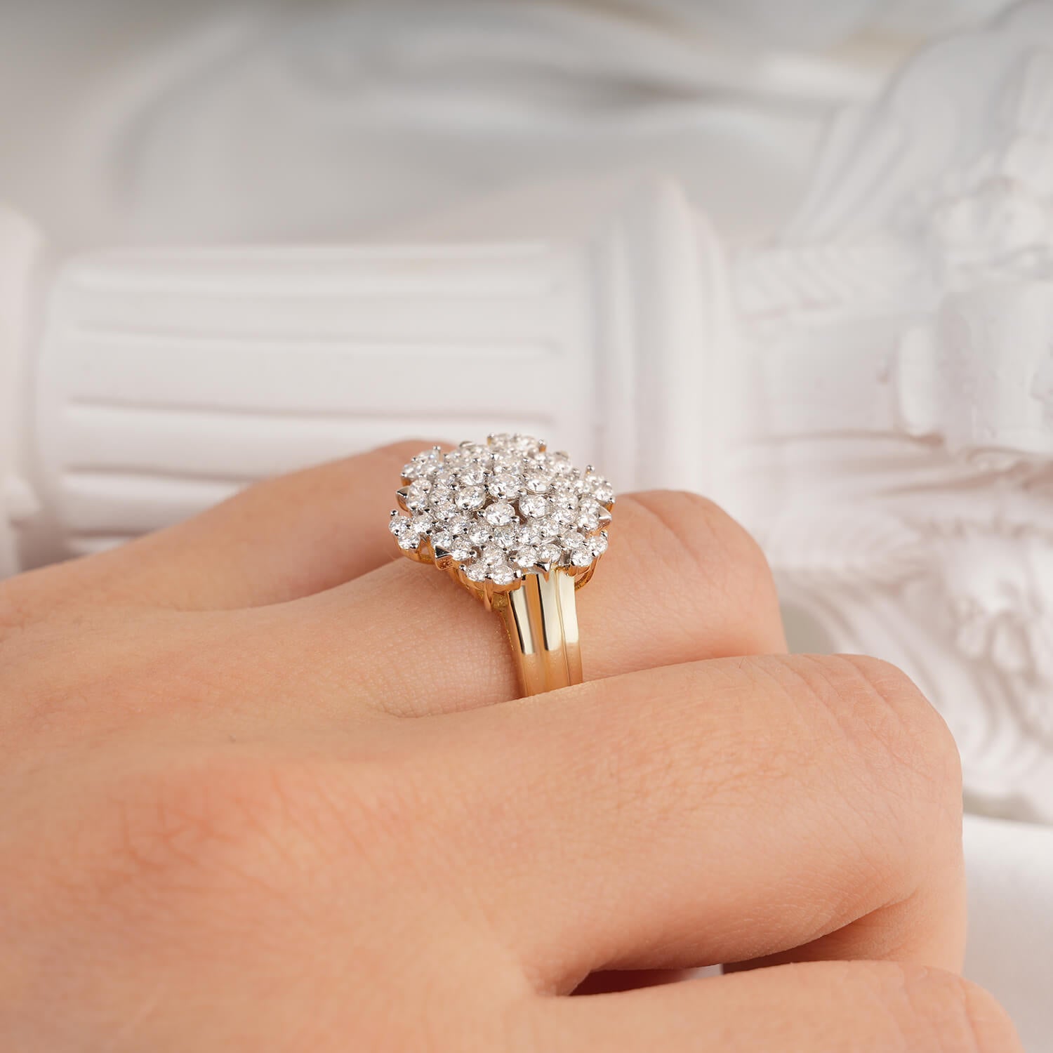 Pave Set Snowflake Cluster Round Brilliant Halo Two-Tone Setting Vintage Style Engagement Ring Wide Ring Band