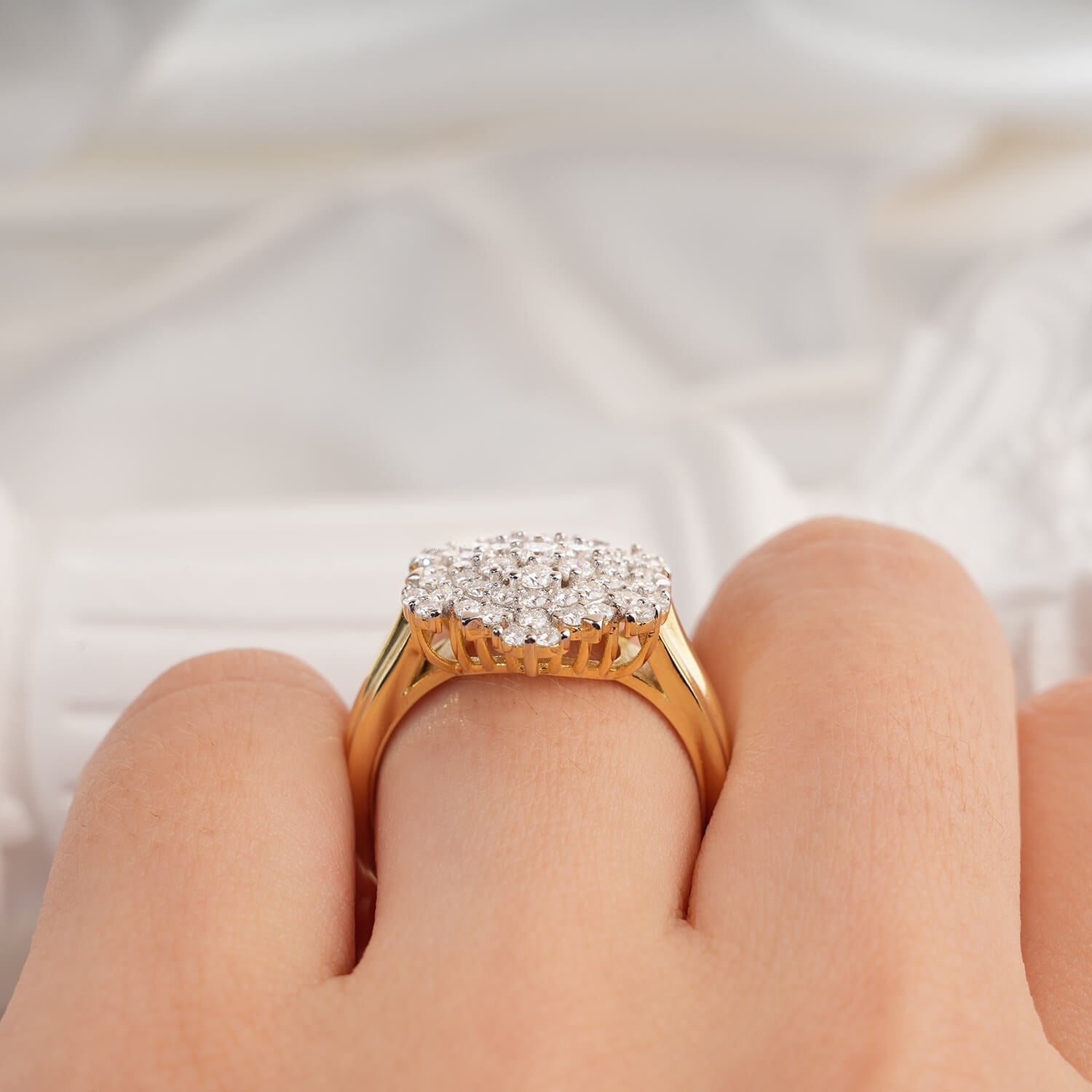 Pave Set Snowflake Cluster Round Brilliant Halo Two-Tone Setting Vintage Style Engagement Ring Wide Ring Band