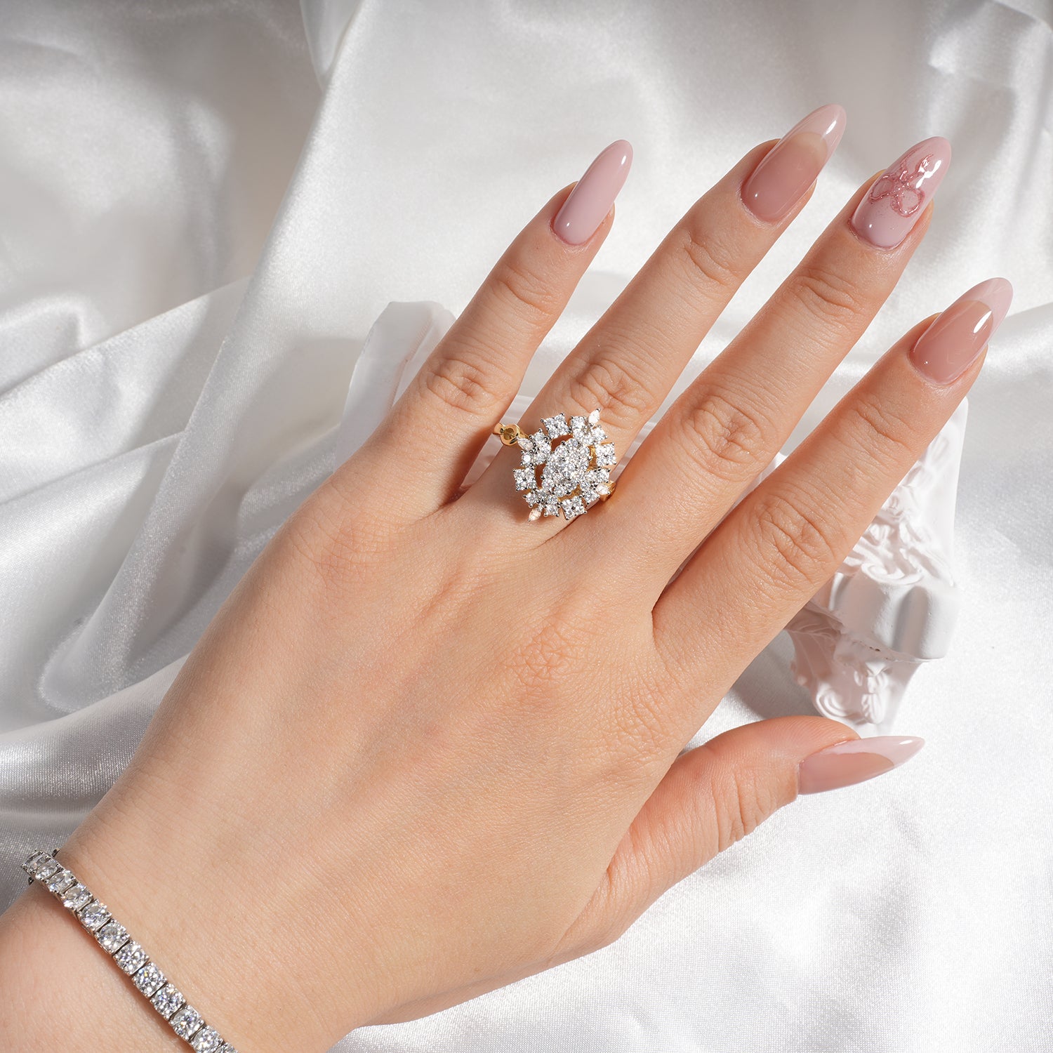 Marquise Floral Cluster Round Brilliant Pave Set Diamond Two-Tone Setting Halo Vintage Style Engagement Ring