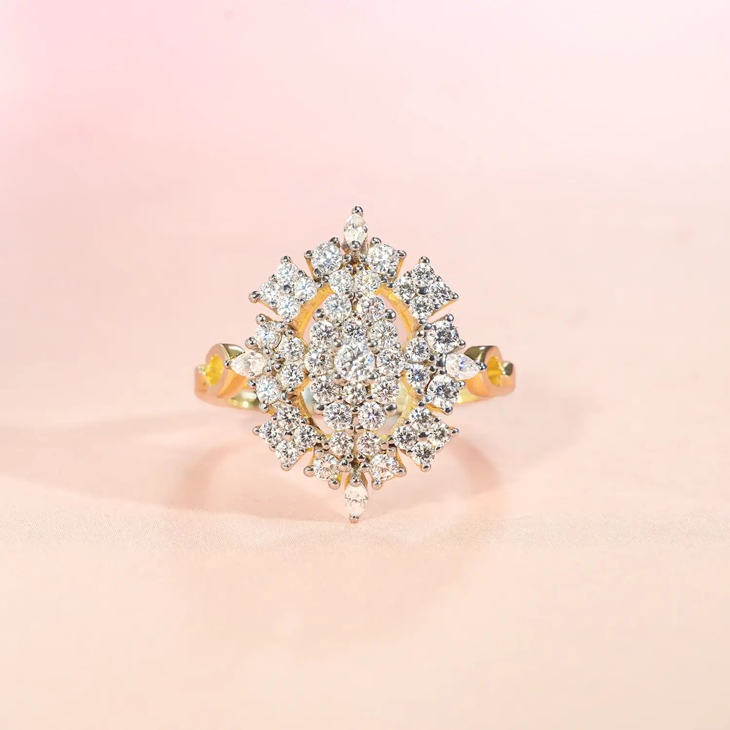 Marquise Floral Cluster Round Brilliant Pave Set Diamond Two-Tone Setting Halo Vintage Style Engagement Ring