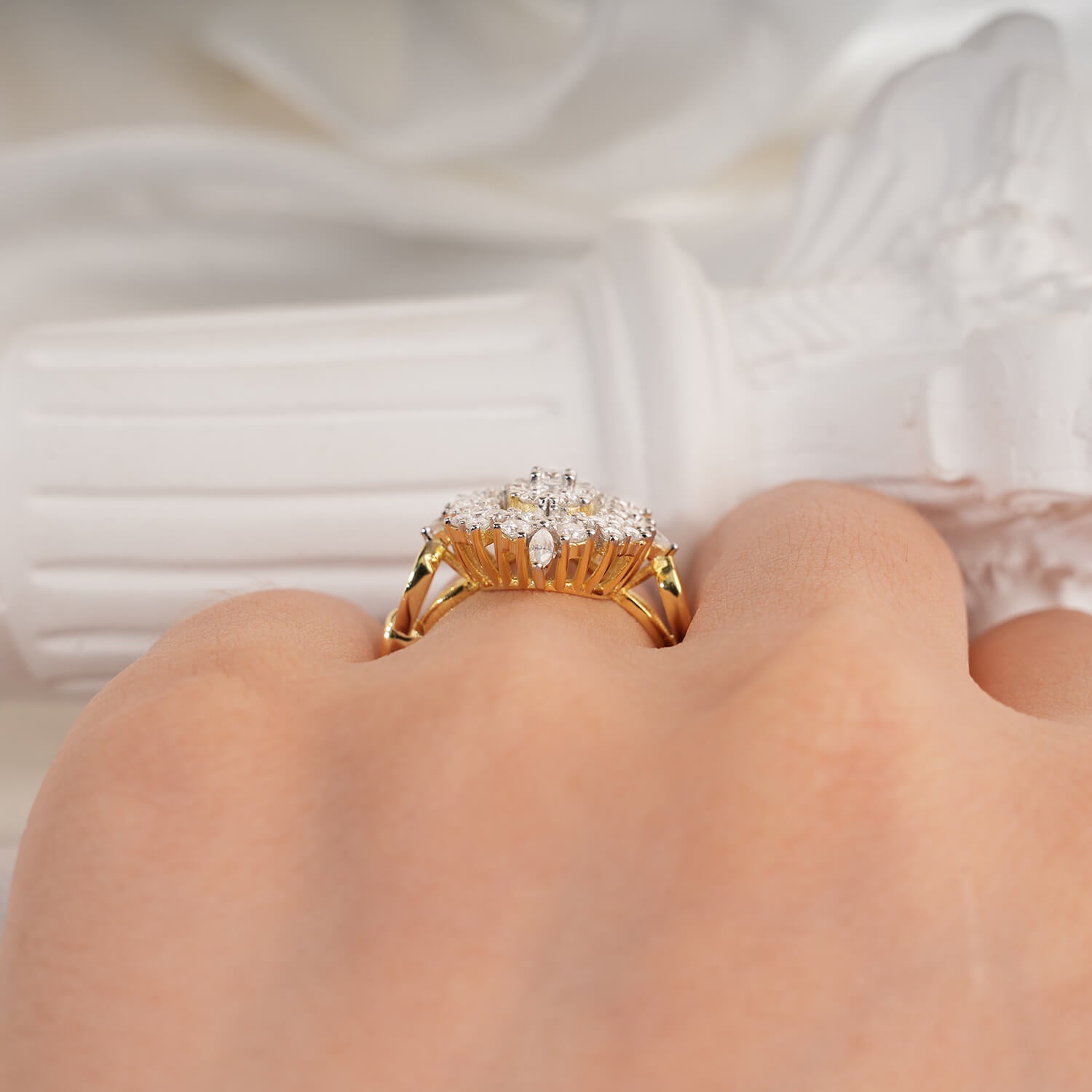 Marquise Floral Cluster Round Brilliant Pave Set Diamond Two-Tone Setting Halo Vintage Style Engagement Ring