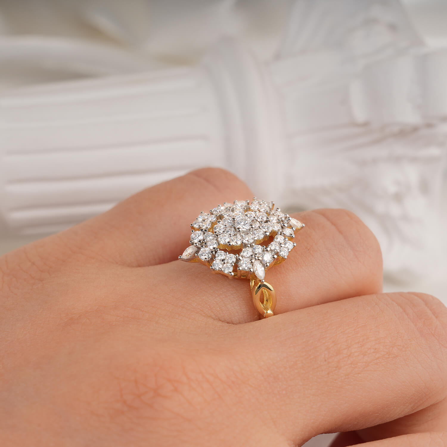 Marquise Floral Cluster Round Brilliant Pave Set Diamond Two-Tone Setting Halo Vintage Style Engagement Ring