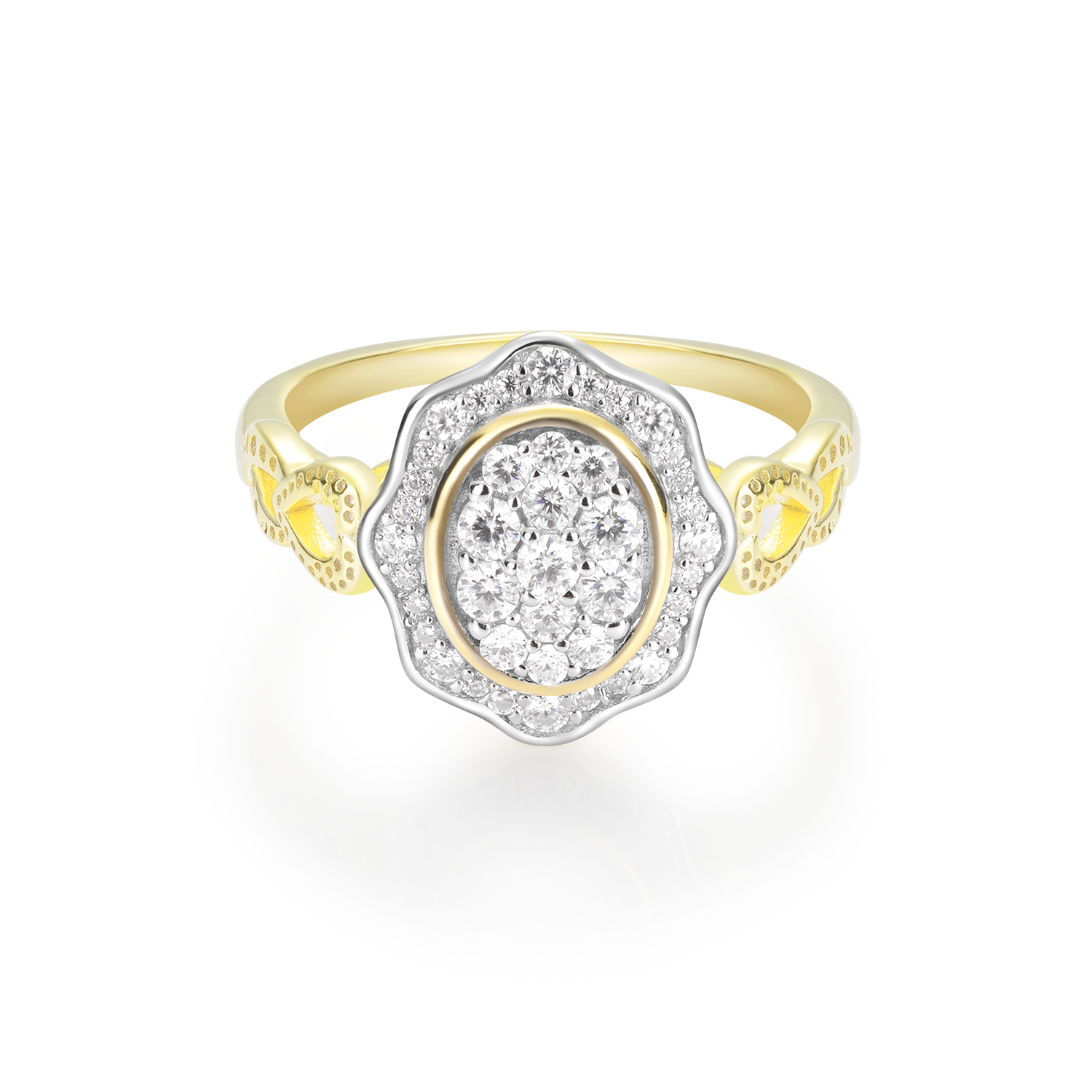 Vintage Style Oval Cluster Diamond Halo Two-Tone Setting Engagement Ring Vintage-Heart-inspired Band