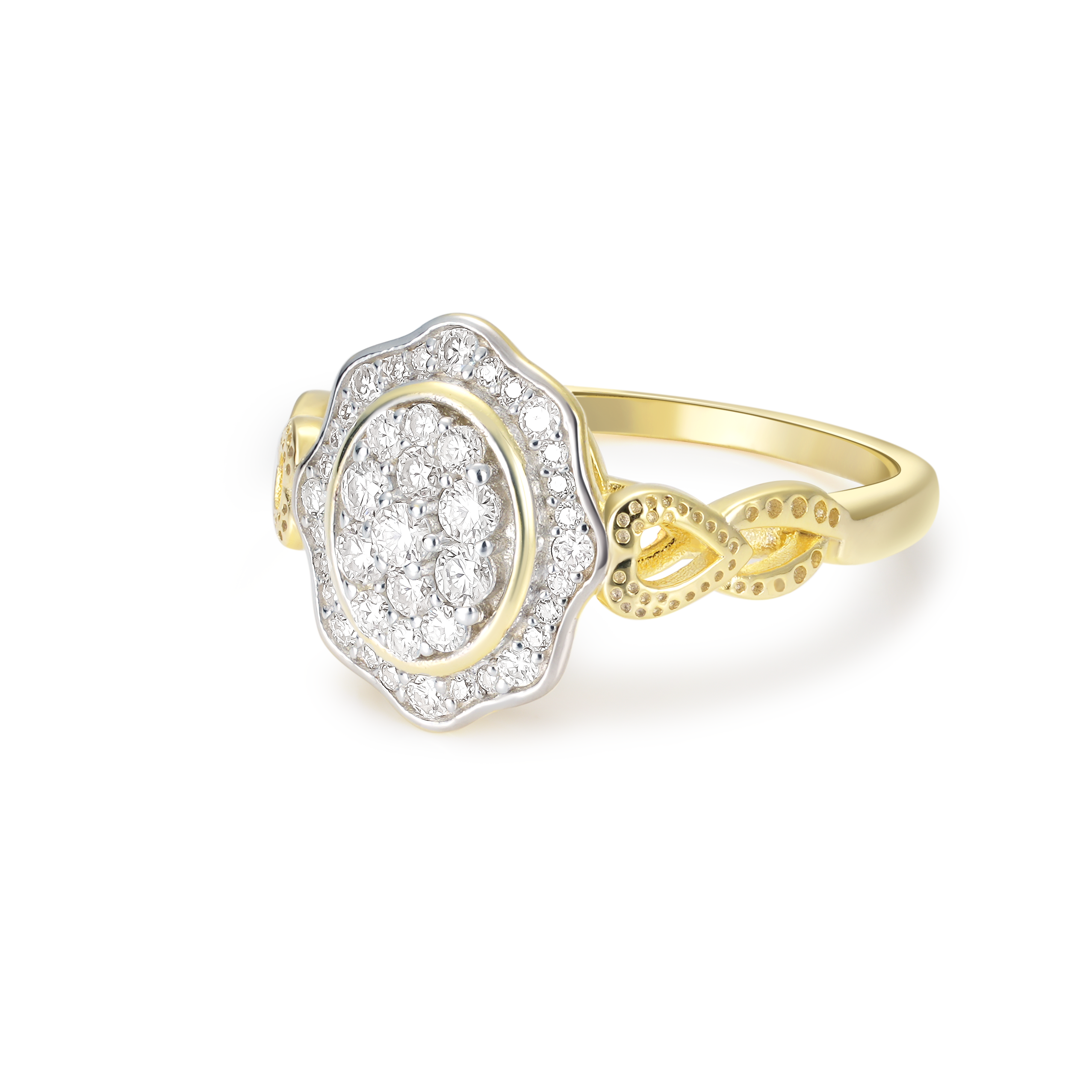 Vintage Style Oval Cluster Diamond Halo Two-Tone Setting Engagement Ring Vintage-Heart-inspired Band