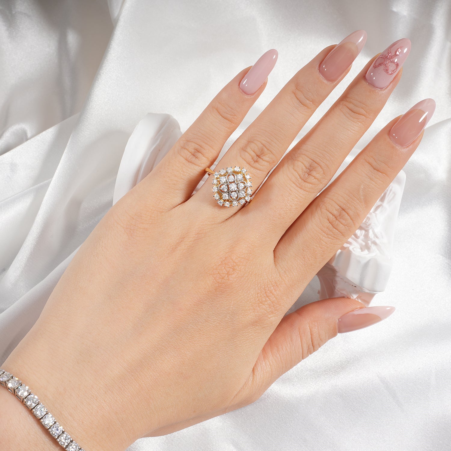 Vintage Style Floral Denty Cluster Two-Tone Setting Diamond Engagement Ring