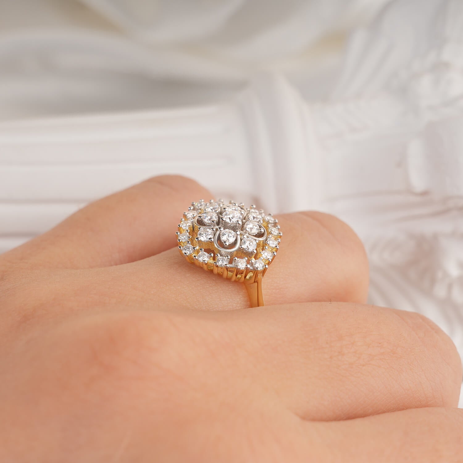 Vintage Style Floral Denty Cluster Two-Tone Setting Diamond Engagement Ring