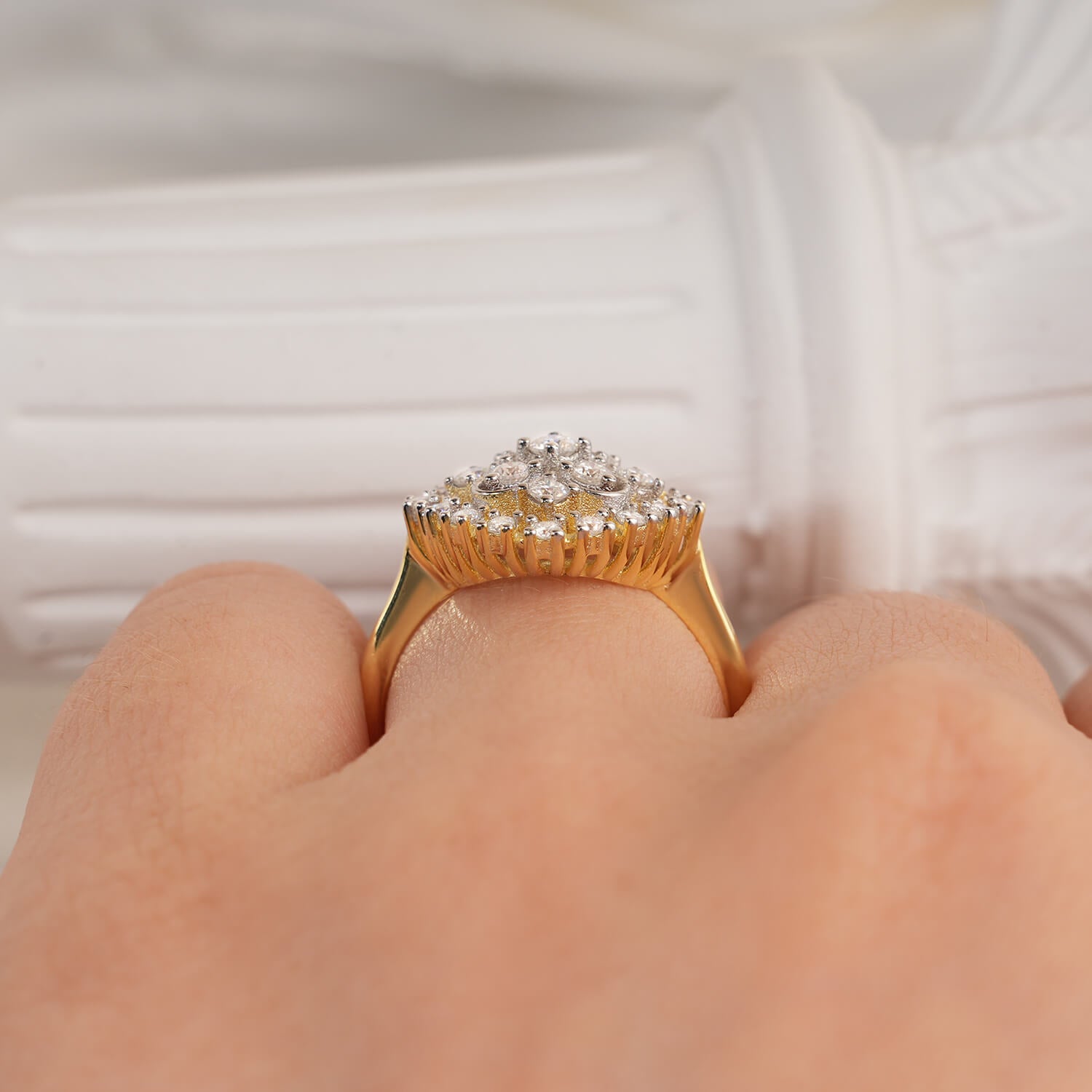 Vintage Style Floral Denty Cluster Two-Tone Setting Diamond Engagement Ring