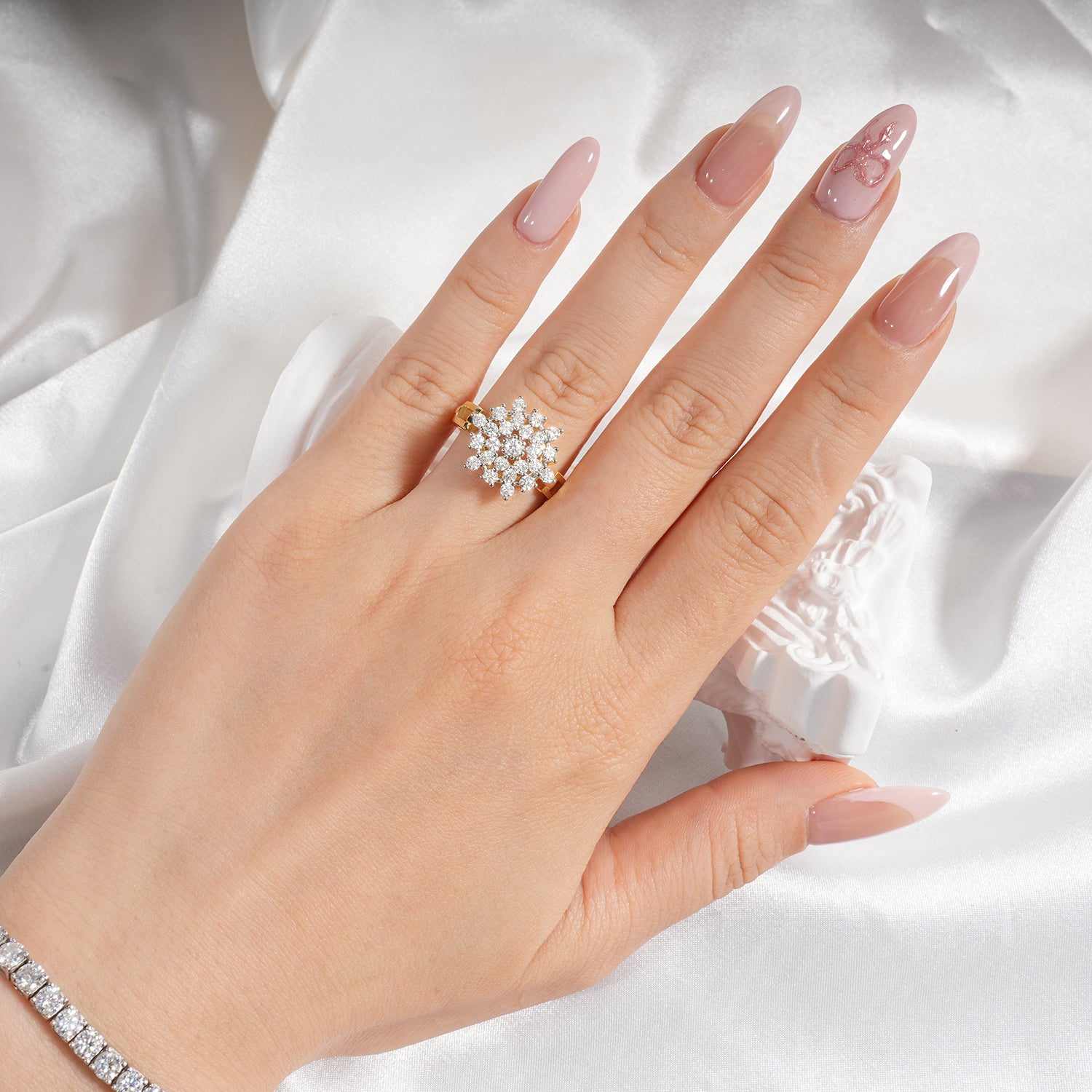 Sunburst Vintage Style Floral Cluster Two-Tone Setting Diamond Engagement Ring Chain Link Band