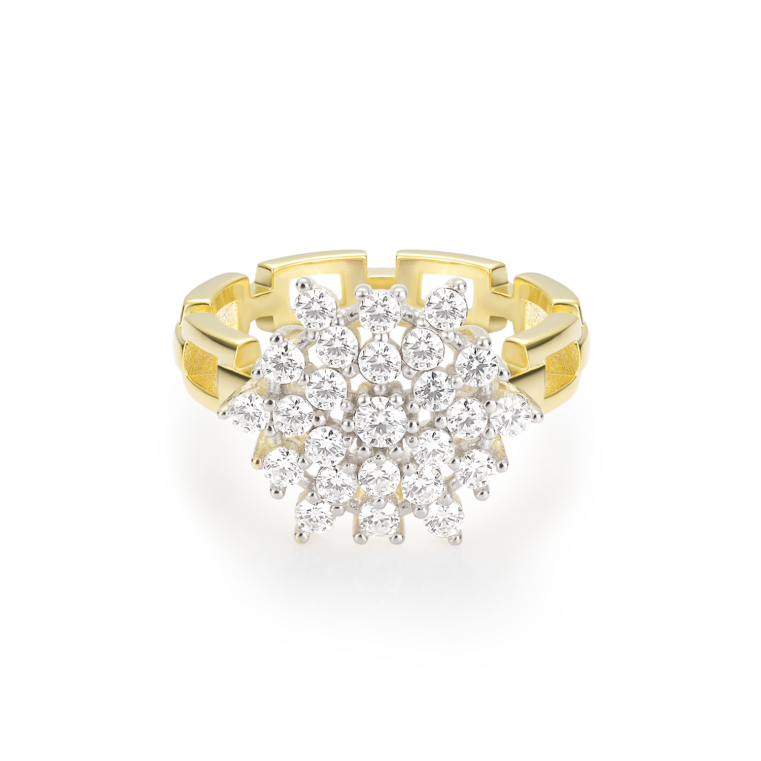 Sunburst Vintage Style Floral Cluster Two-Tone Setting Diamond Engagement Ring Chain Link Band