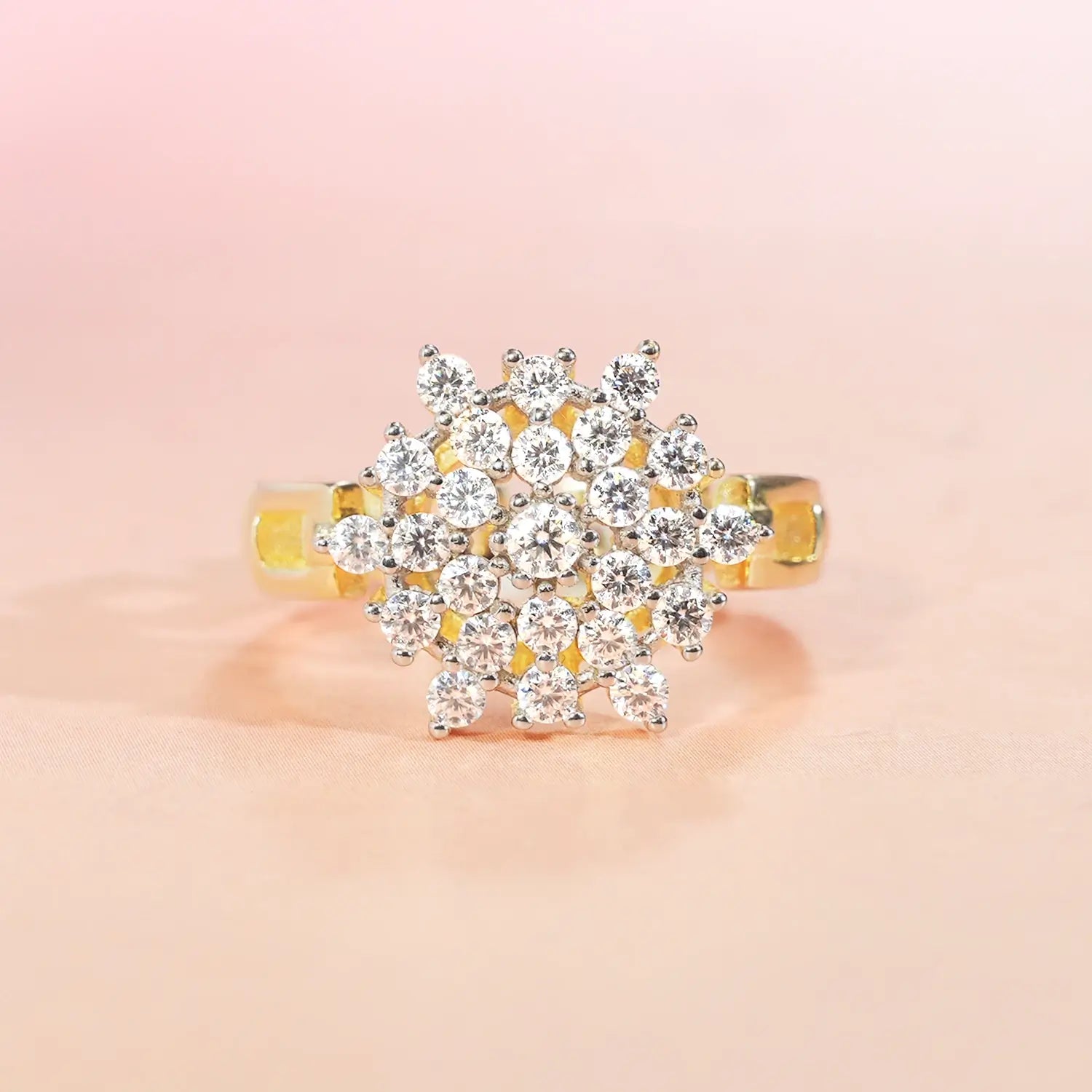 Sunburst Vintage Style Floral Cluster Two-Tone Setting Diamond Engagement Ring Chain Link Band