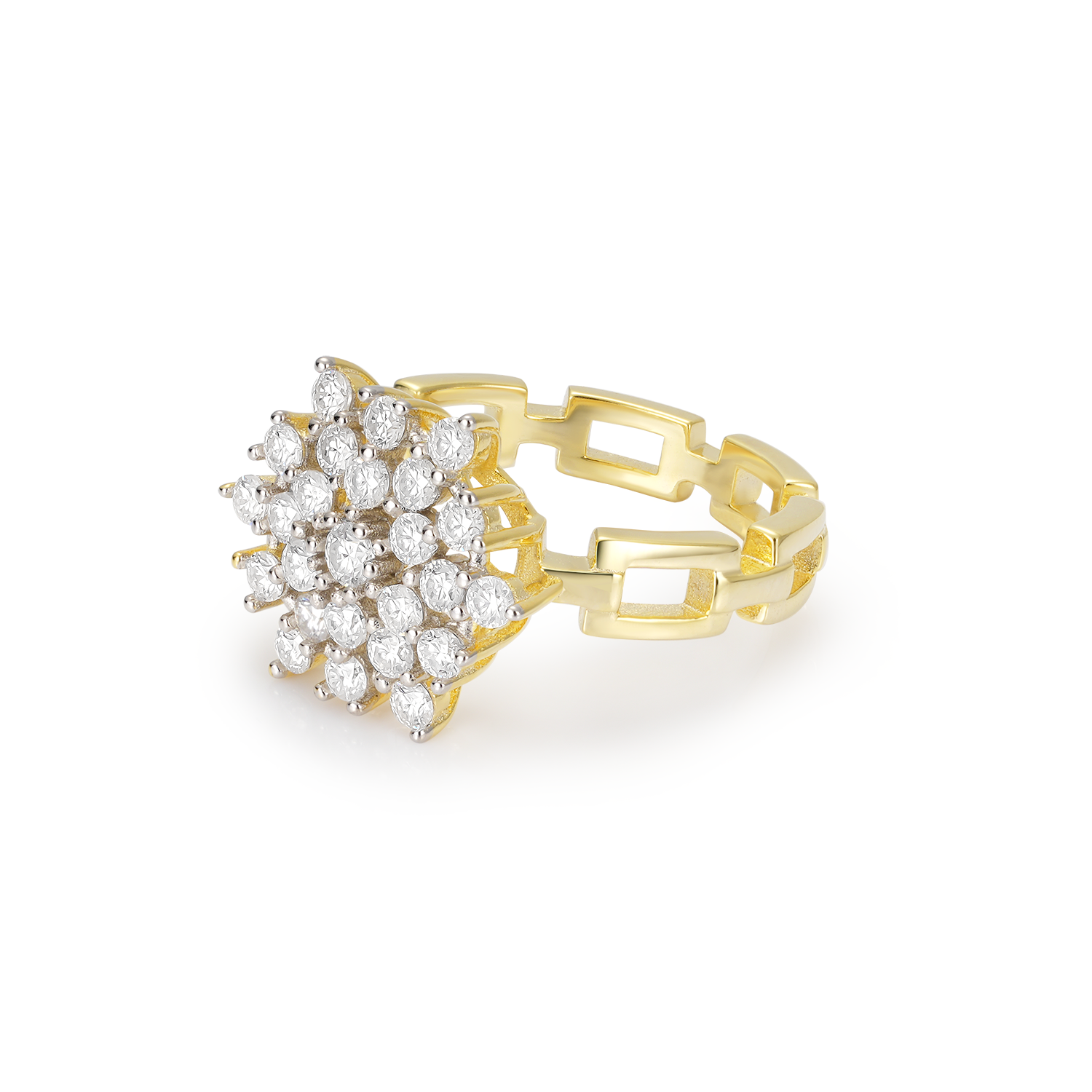 Sunburst Vintage Style Floral Cluster Two-Tone Setting Diamond Engagement Ring Chain Link Band