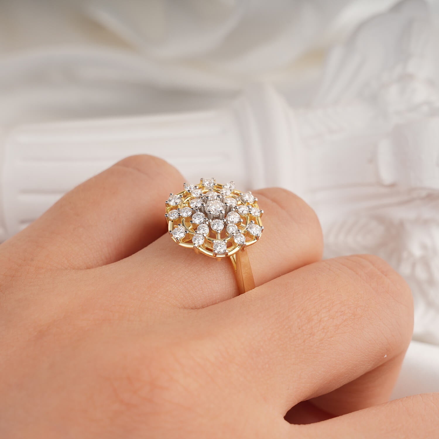 Hexagon Floral Denty Cluster Two-Tone Setting Diamond Vintage Style Engagement Ring