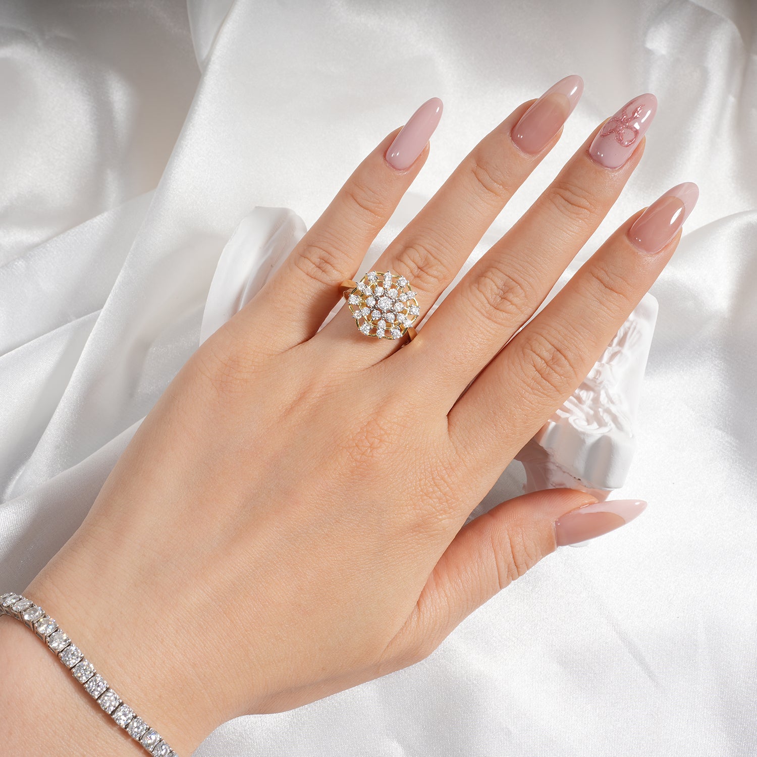 Hexagon Floral Denty Cluster Two-Tone Setting Diamond Vintage Style Engagement Ring