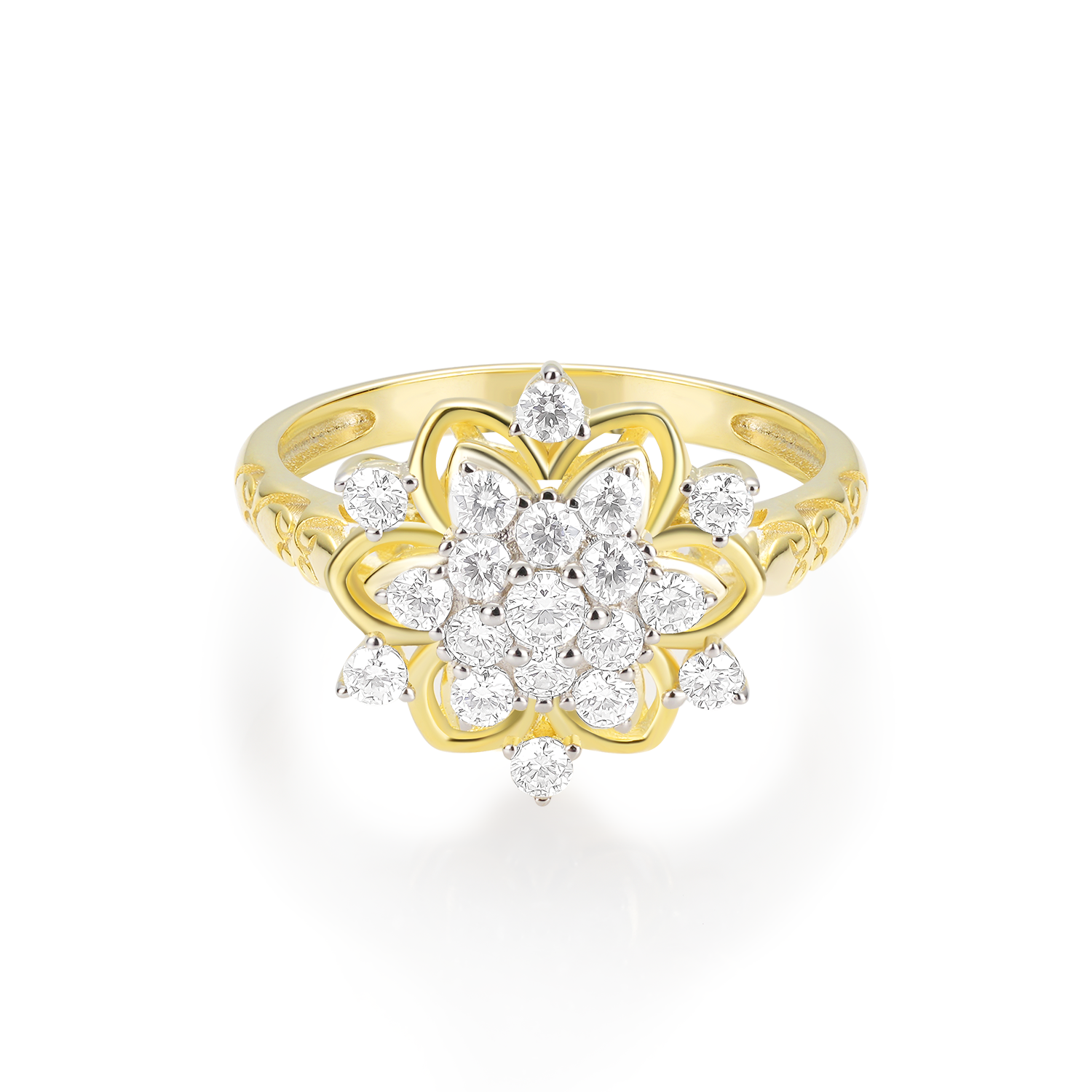Vintage Style Blooms Cluster Diamond Two-Tone Setting Engagement Ring Vintage Engraved Band