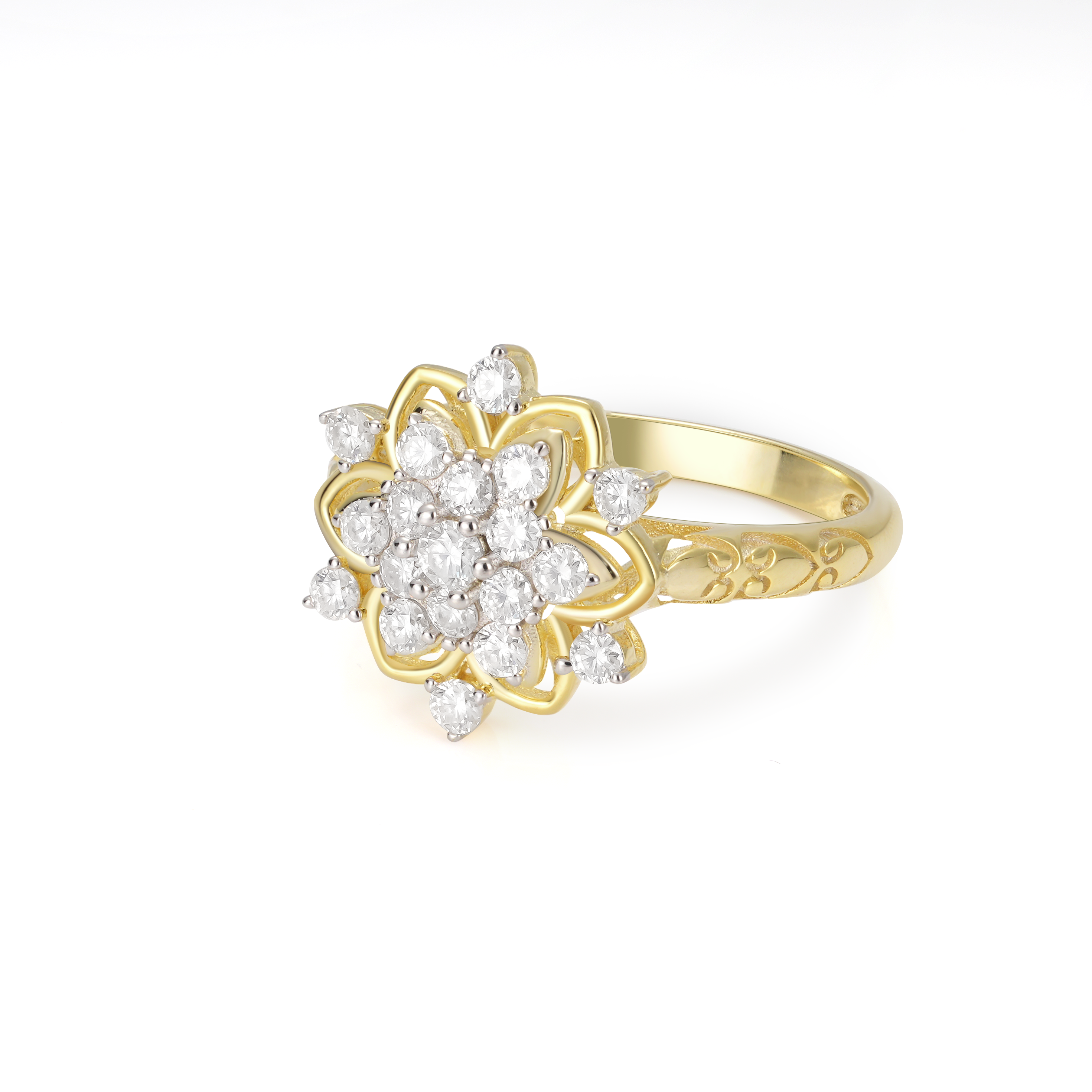 Vintage Style Blooms Cluster Diamond Two-Tone Setting Engagement Ring Vintage Engraved Band