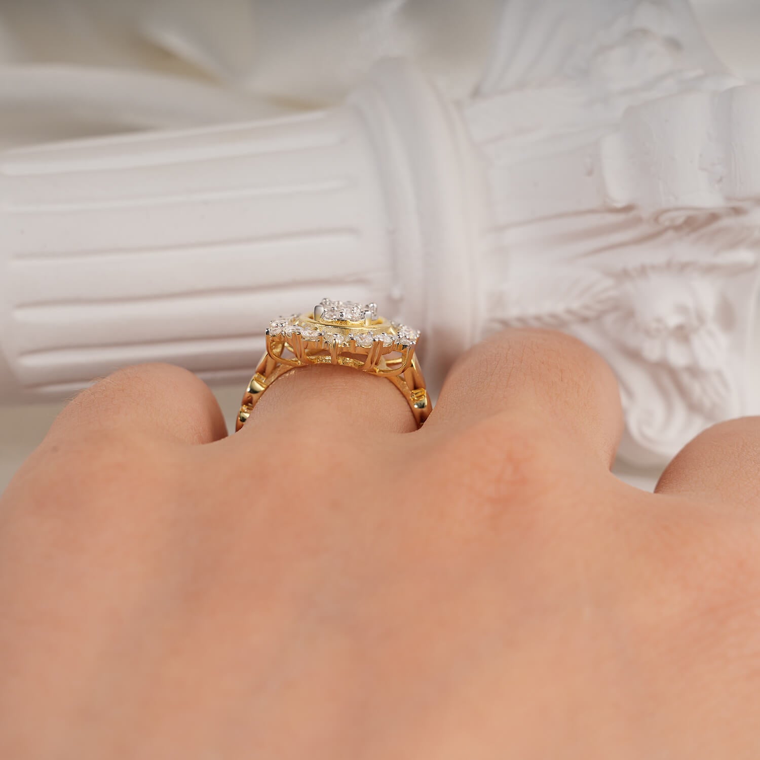 Vintage Style Moval Floral Denty Cluster Two-Tone Setting Halo Diamond Engagement Ring