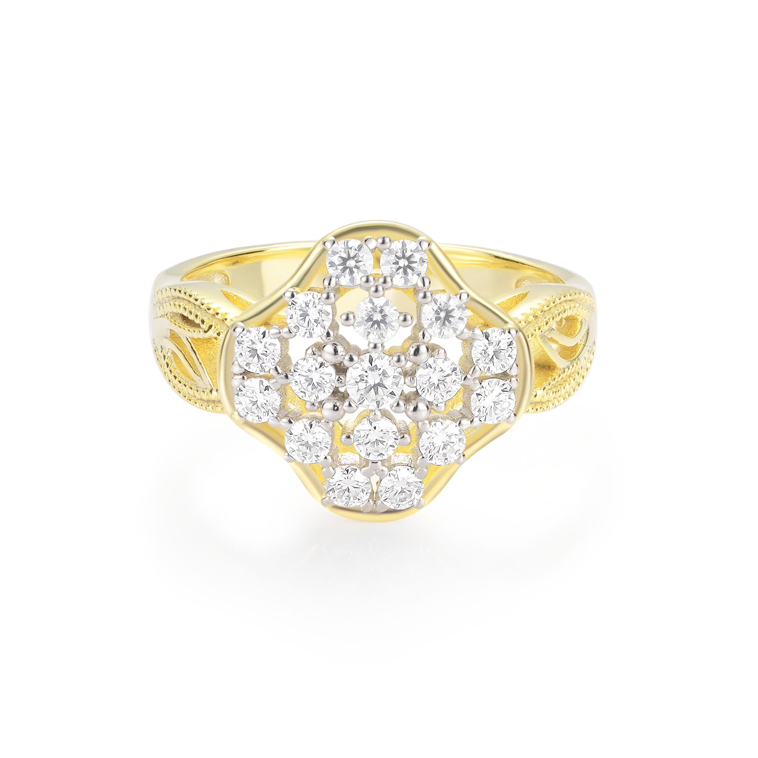 Vintage Style Cluster Diamond Two-Tone Setting Engagement Ring Vintage Engraved Band