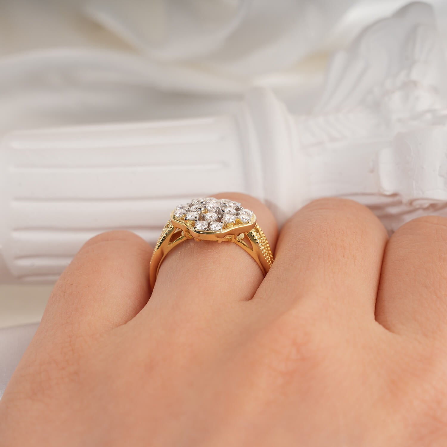 Vintage Style Cluster Diamond Two-Tone Setting Engagement Ring Vintage Engraved Band