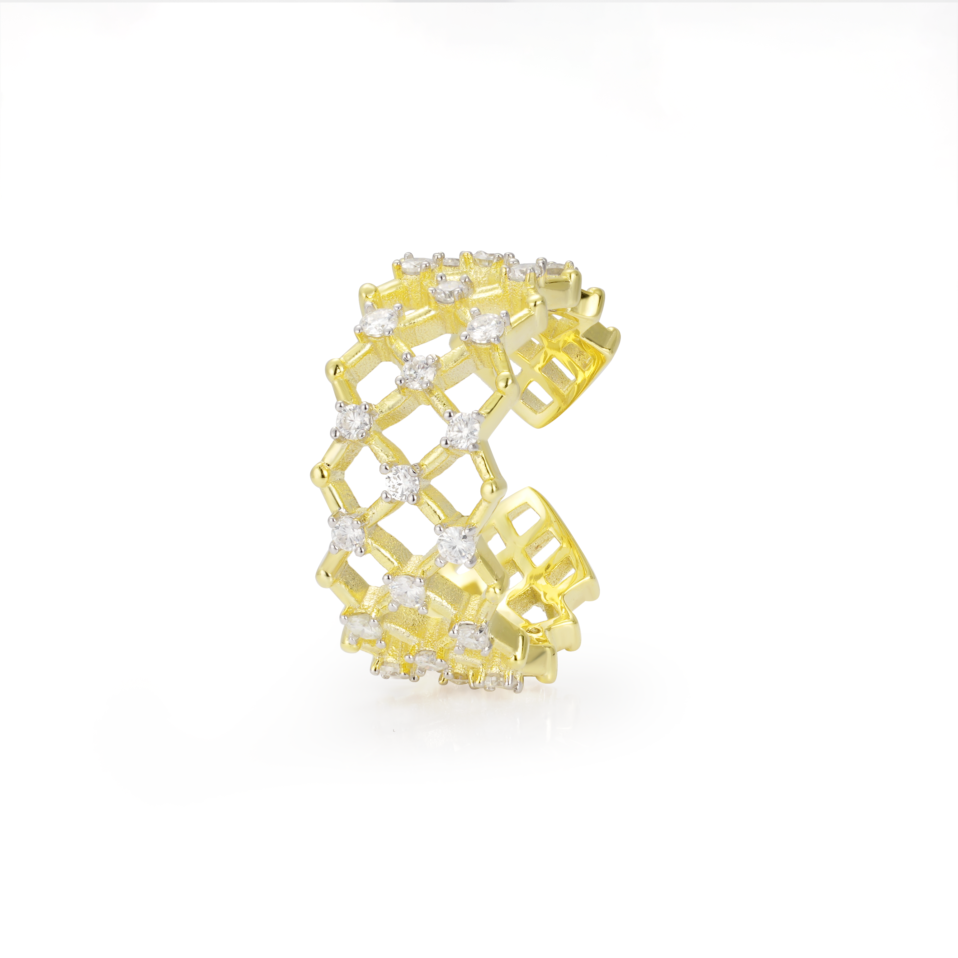 Unique Mesh Lattice Band Diamond Fashion Cuff Ring
