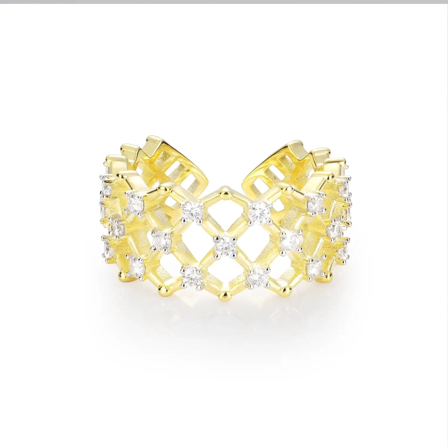 Unique Mesh Lattice Band Diamond Fashion Cuff Ring