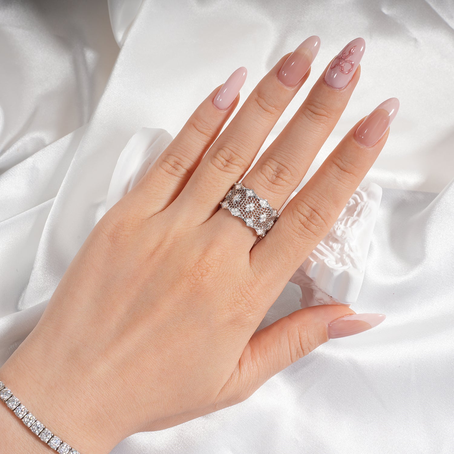 Braided Hollow Intricate Lace Design Diamond Open Fashion Ring Wide Band