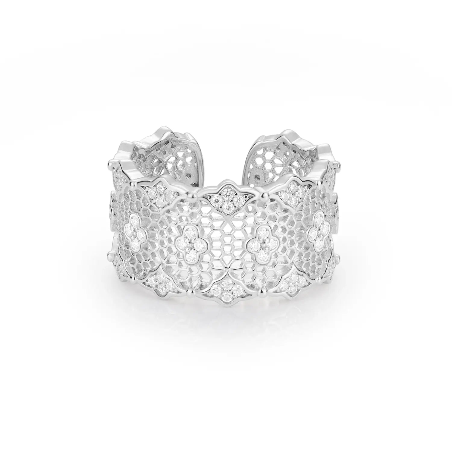 Braided Hollow Intricate Lace Design Diamond Open Fashion Ring Wide Band