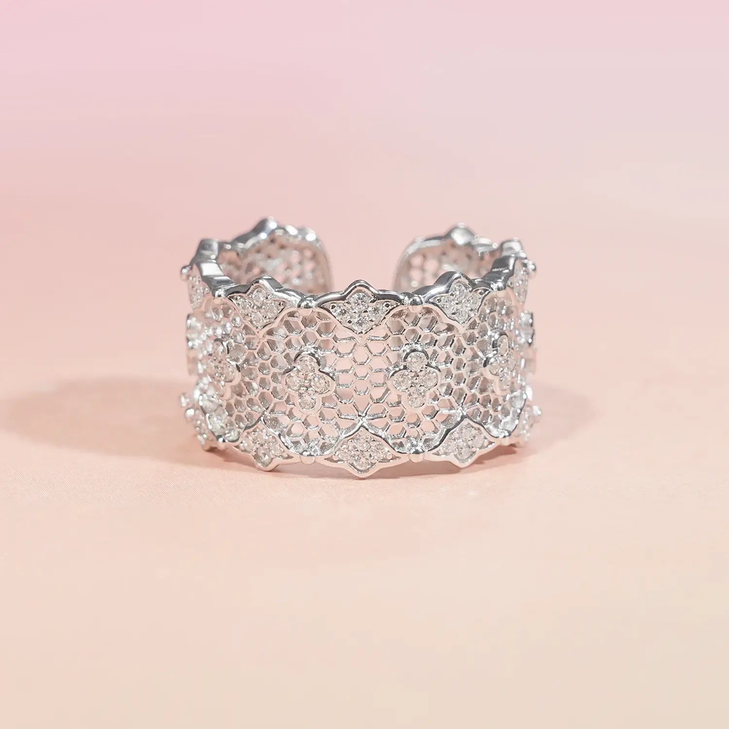 Braided Hollow Intricate Lace Design Diamond Open Fashion Ring Wide Band