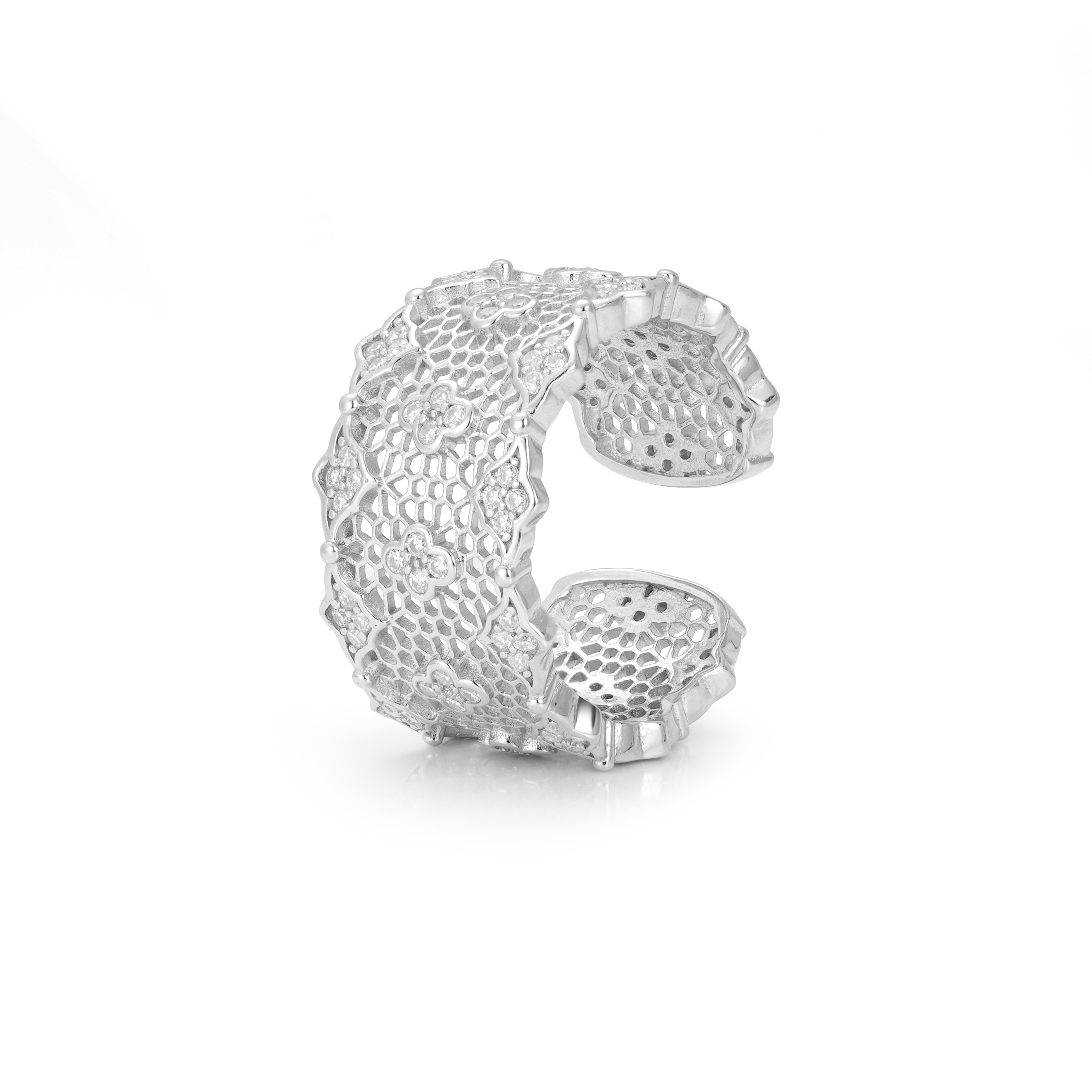 Braided Hollow Intricate Lace Design Diamond Open Fashion Ring Wide Band