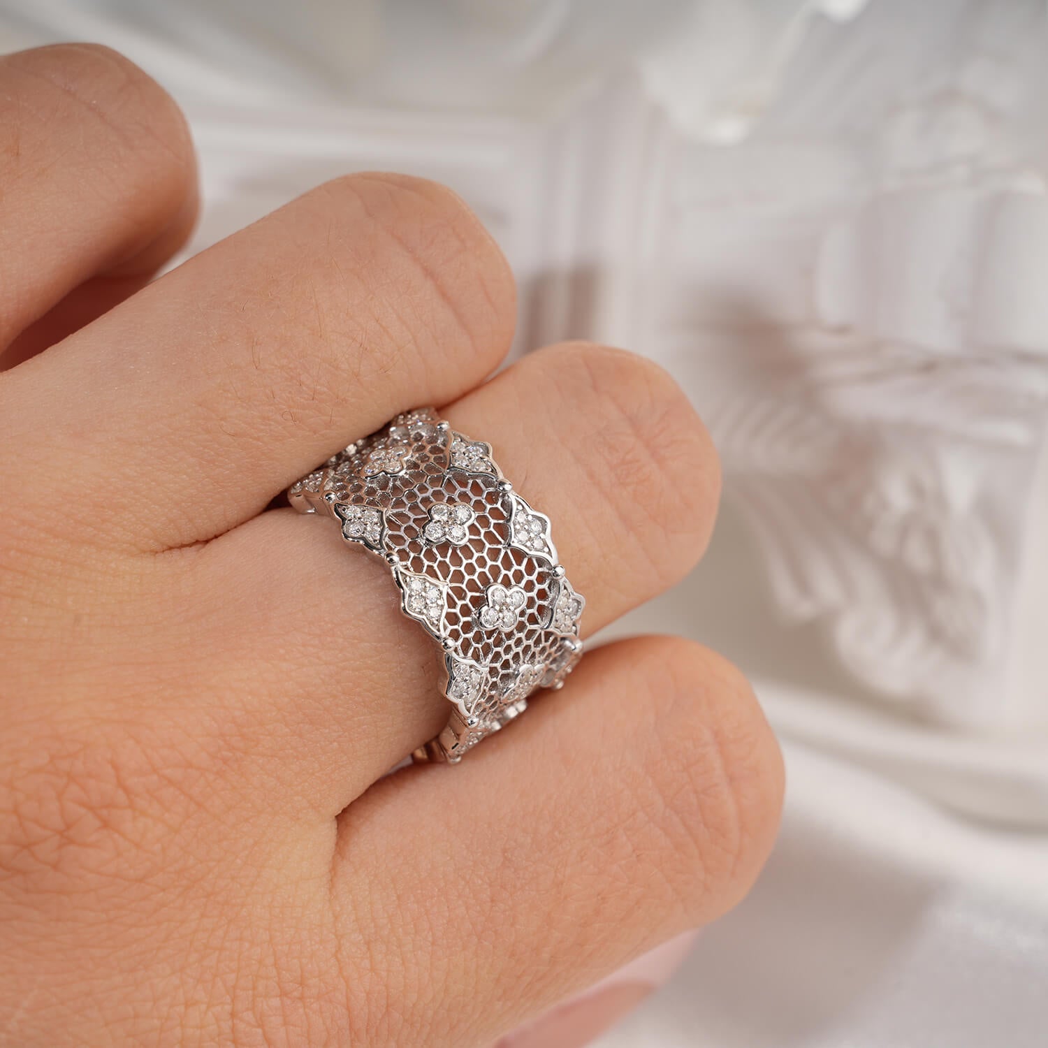 Braided Hollow Intricate Lace Design Diamond Open Fashion Ring Wide Band