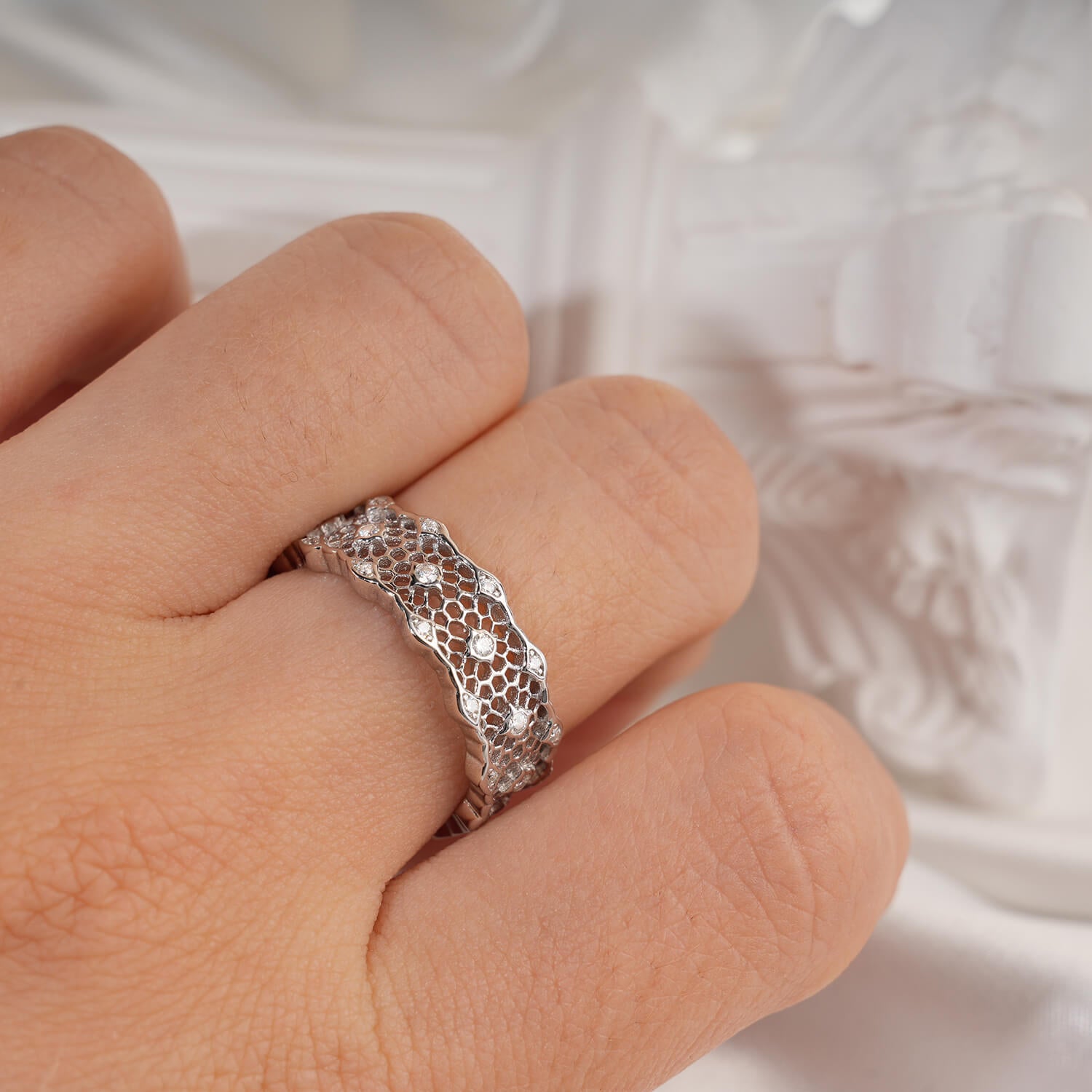 Braided Hollow Intricate Lace Design Diamond Open Fashion Ring