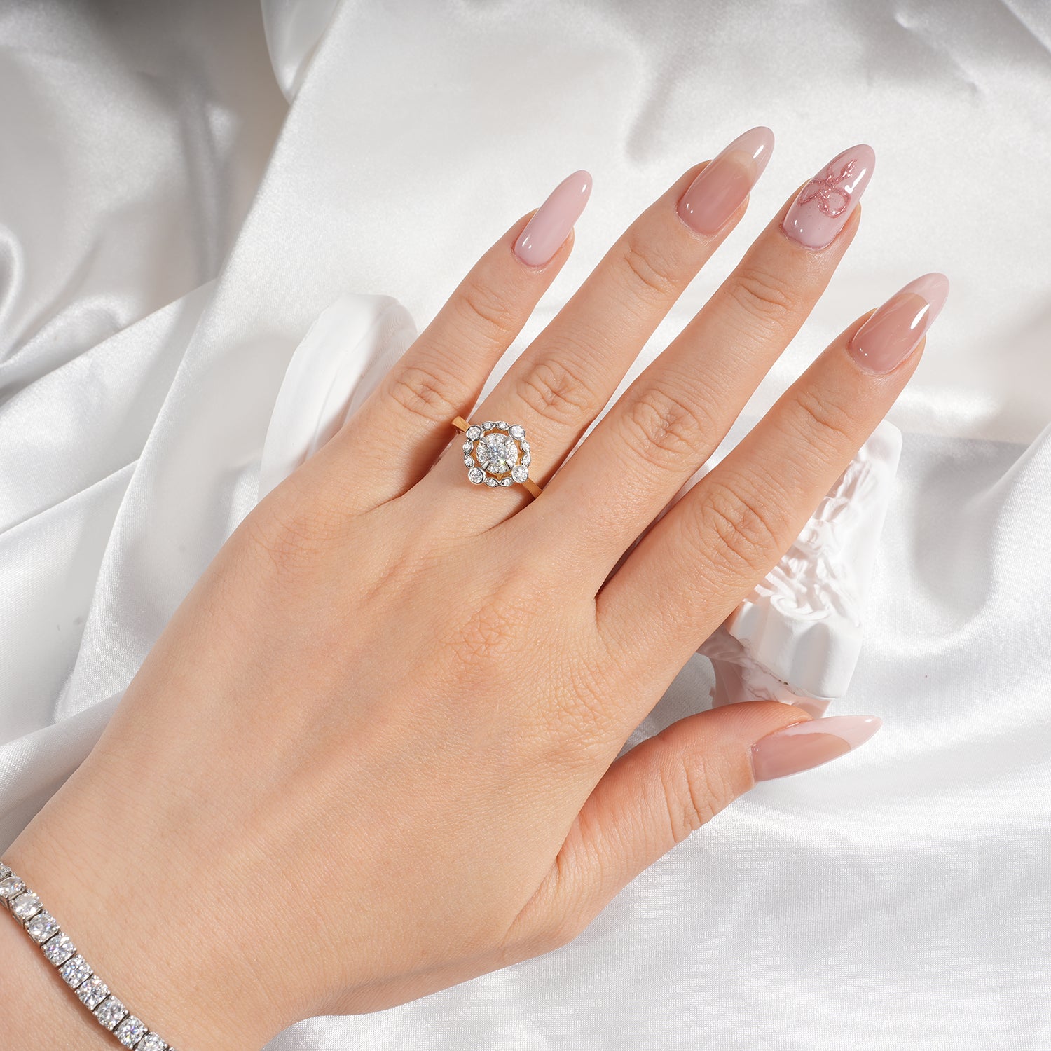 Vintage Style Pave Two-Tone Bezel Setting Halo Diamond Engagement Ring