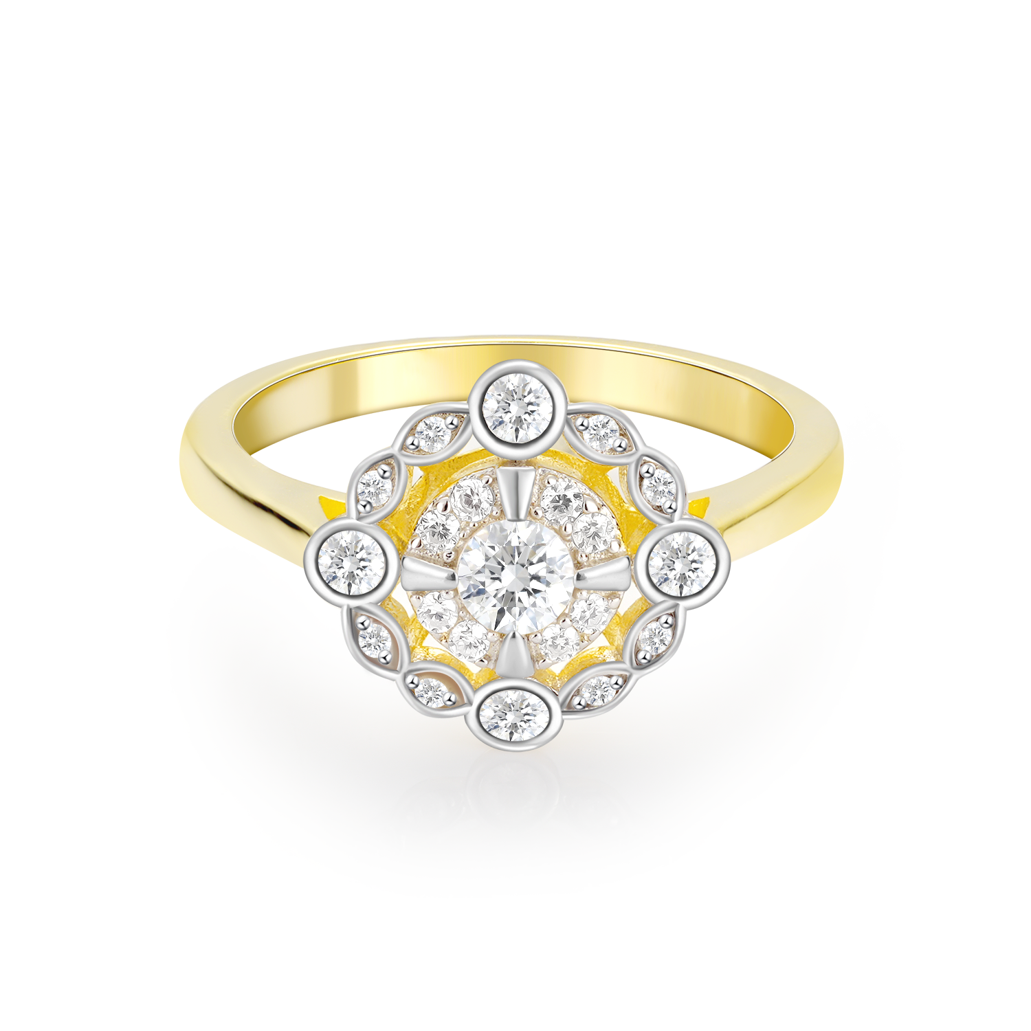 Vintage Style Pave Two-Tone Bezel Setting Halo Diamond Engagement Ring