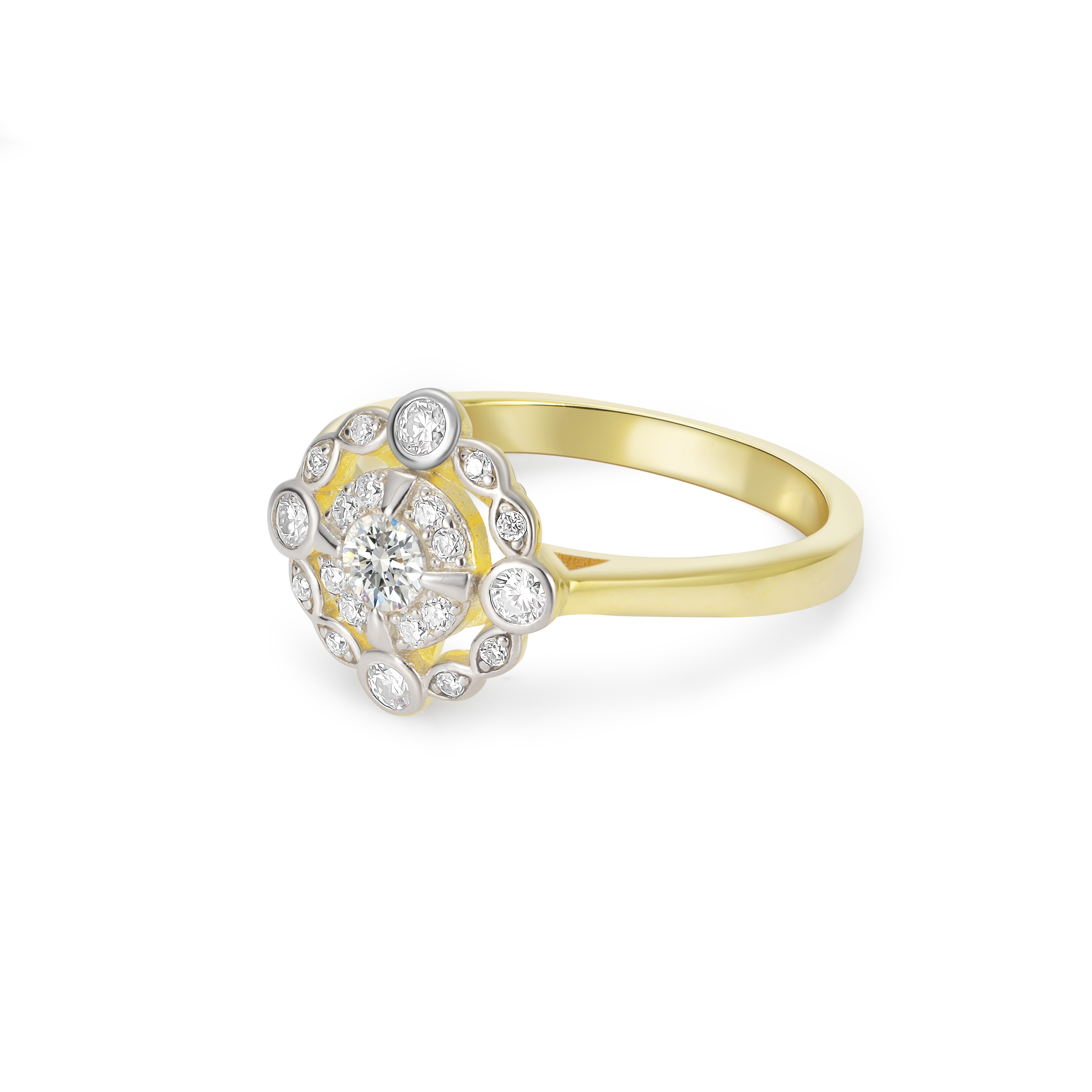 Vintage Style Pave Two-Tone Bezel Setting Halo Diamond Engagement Ring