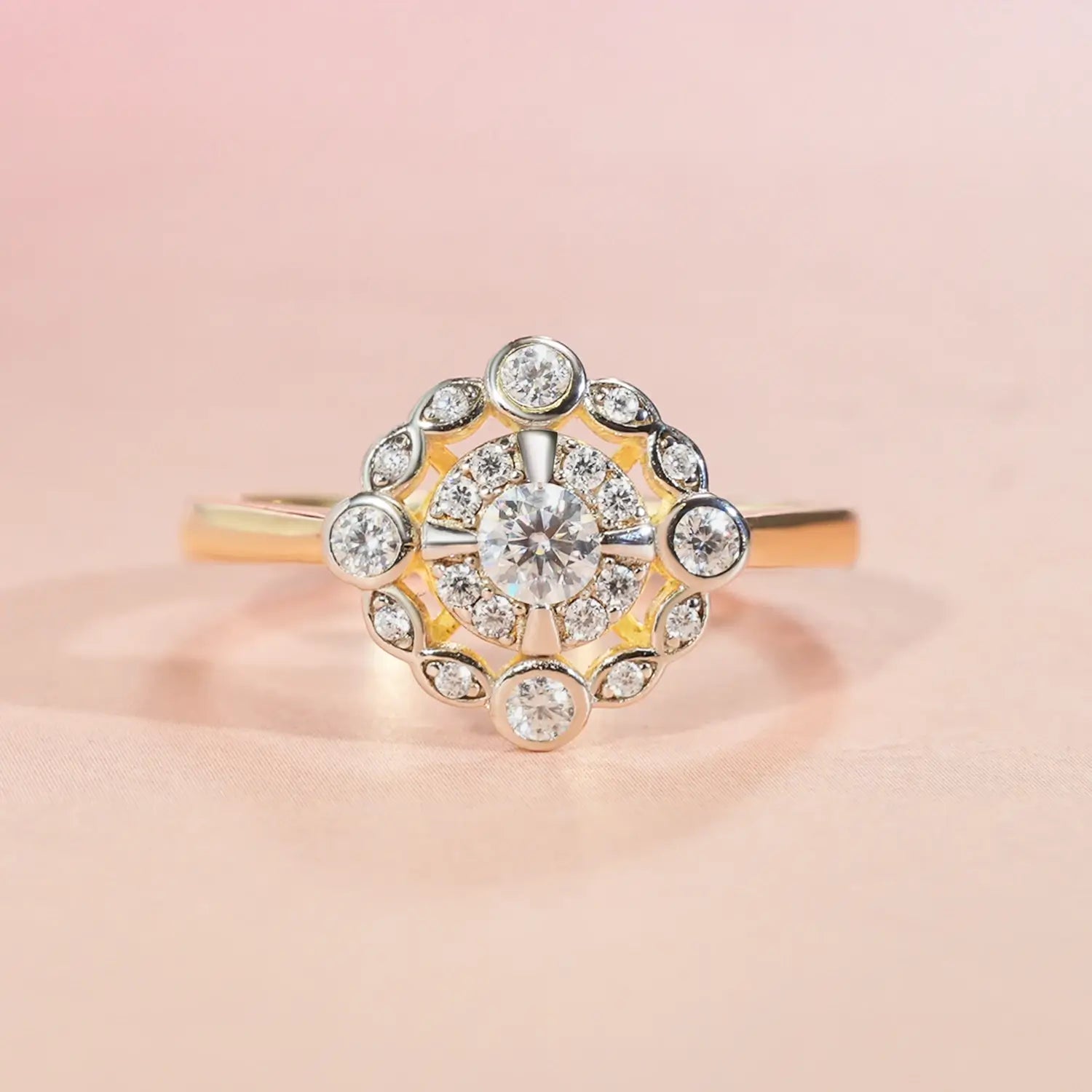 Vintage Style Pave Two-Tone Bezel Setting Halo Diamond Engagement Ring