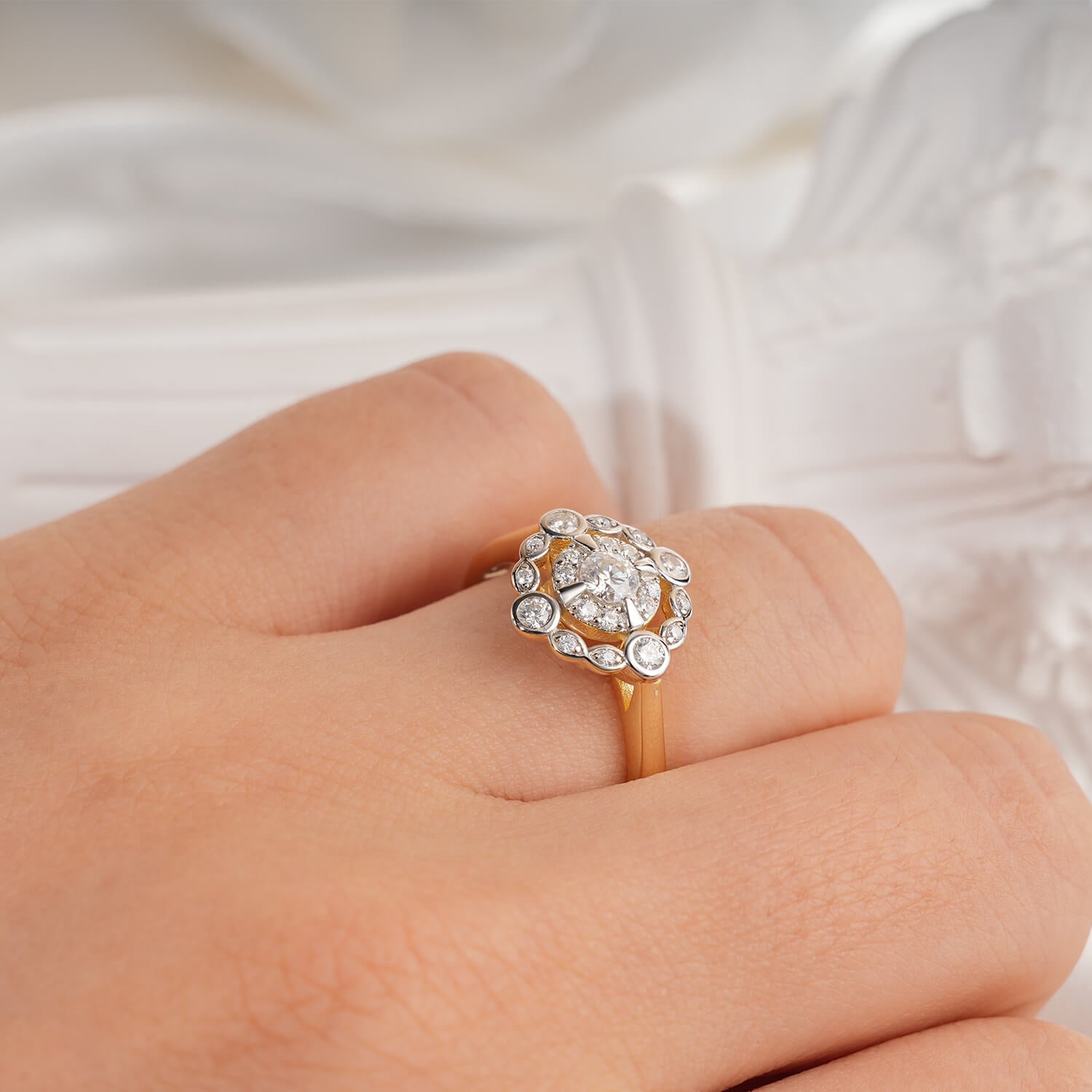 Vintage Style Pave Two-Tone Bezel Setting Halo Diamond Engagement Ring