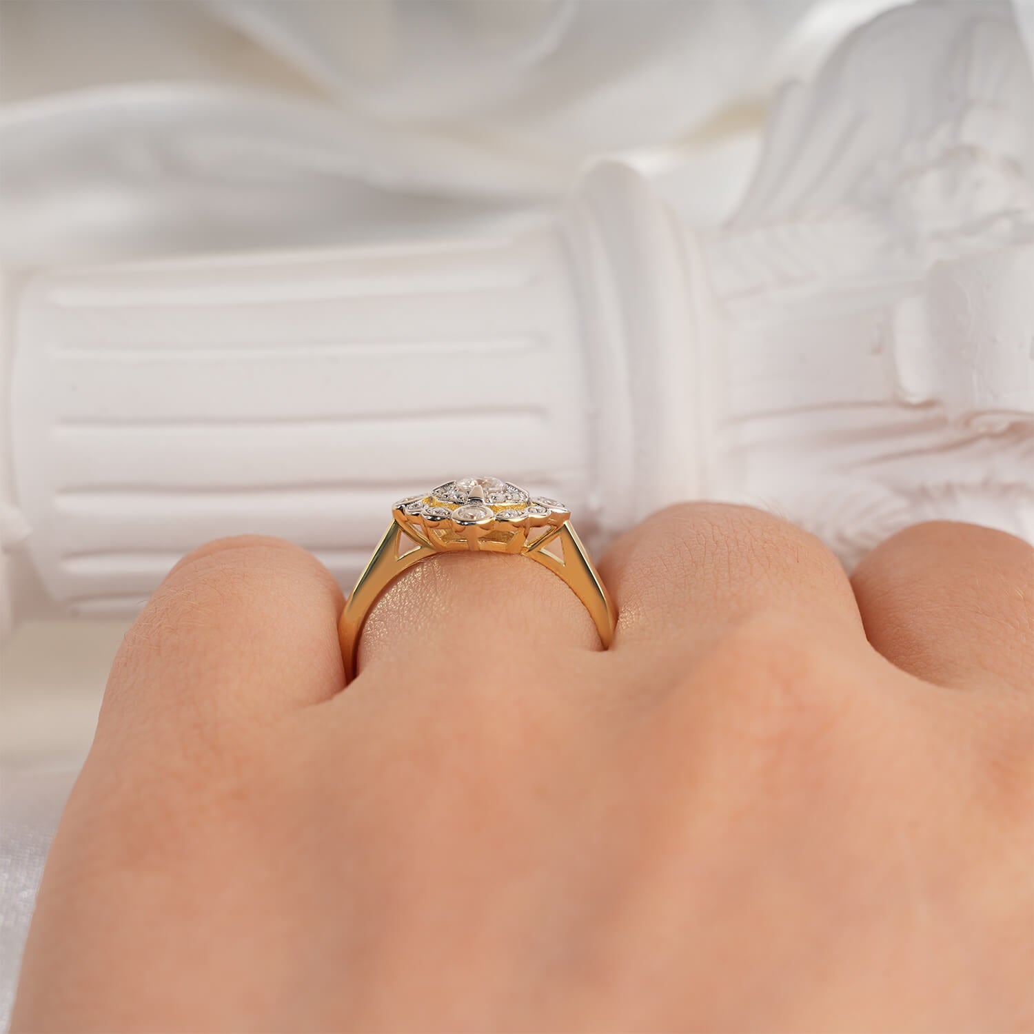 Vintage Style Pave Two-Tone Bezel Setting Halo Diamond Engagement Ring