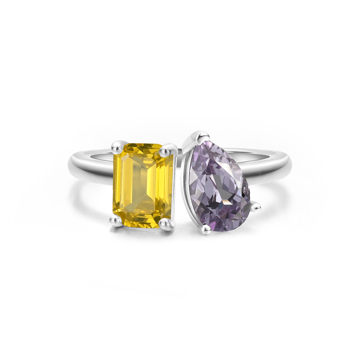 Two Stone Colored Briolette & Emerald Shaped Lab-growm Gems Diamond Fashion Open Ring