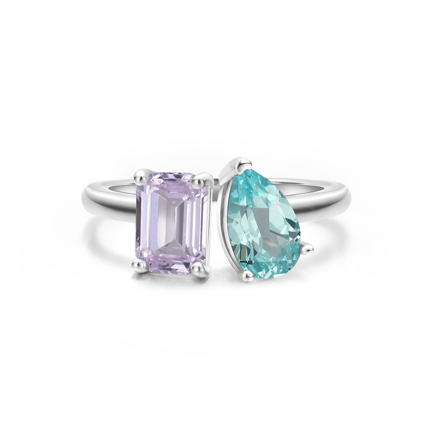 Toi et Moi Colored Briolette & Emerald Shaped Lab-growm Gems Diamond Fashion Open Ring