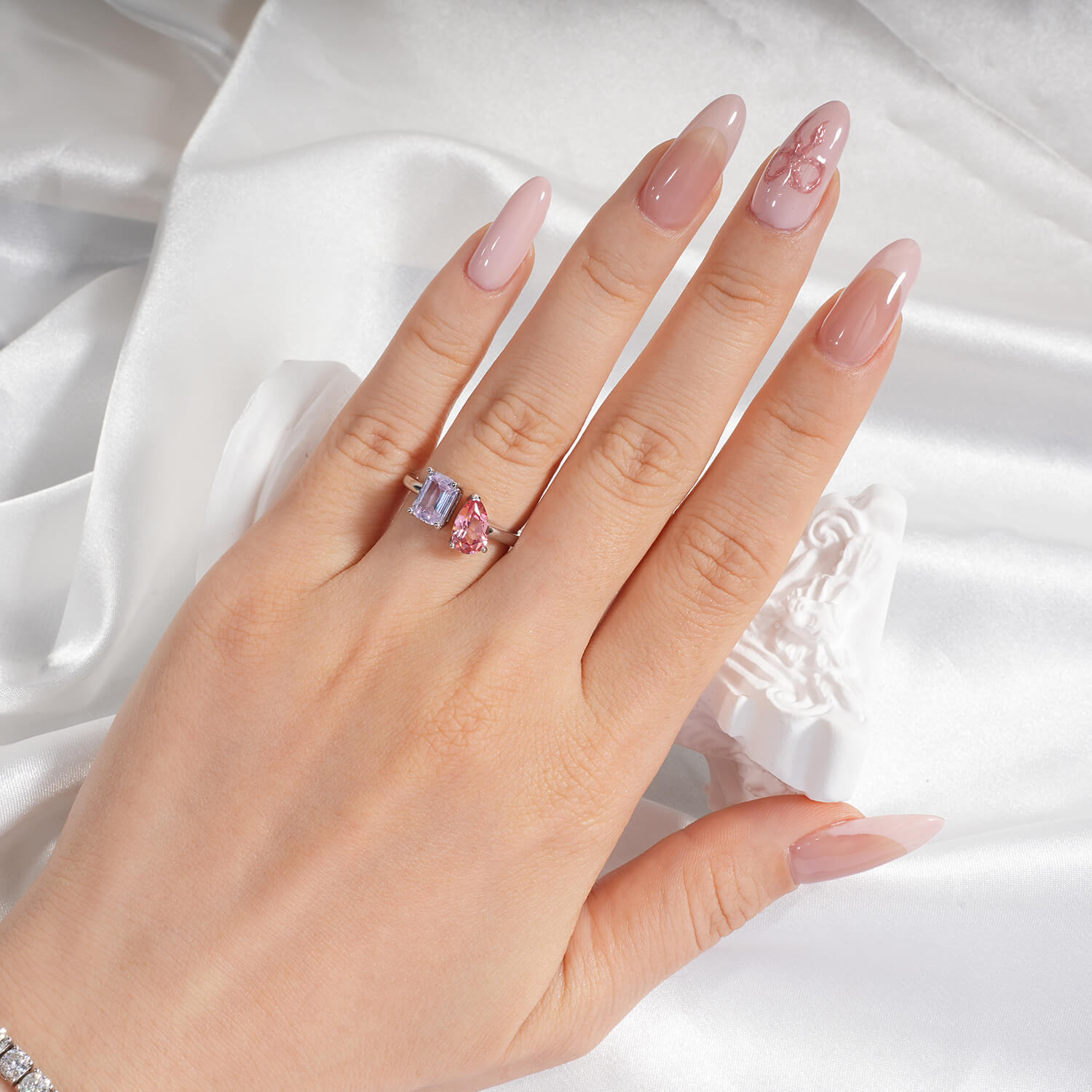 Toi et Moi Colored Briolette & Emerald Shaped Lab-growm Gems Diamond Fashion Open Ring