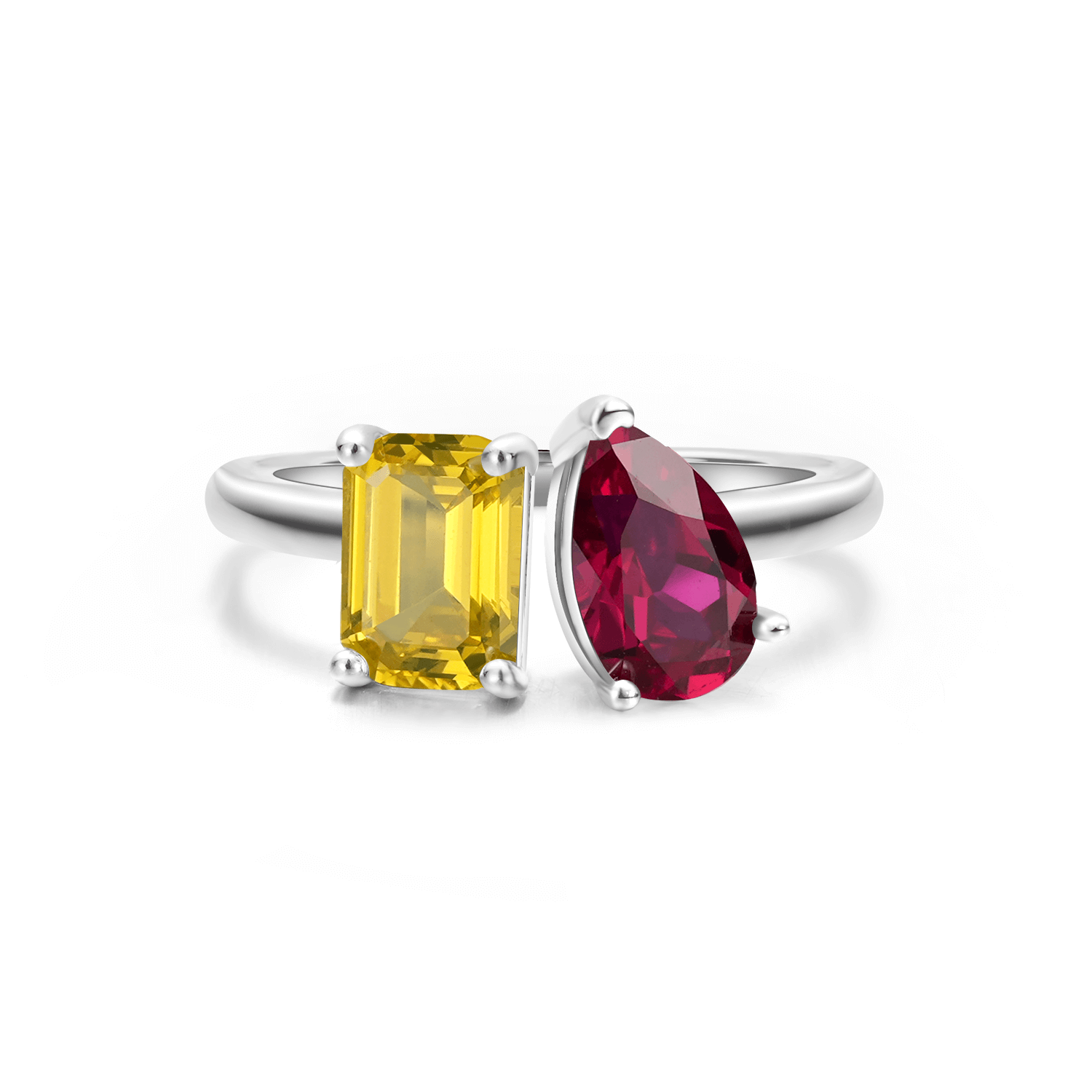 Two Stone Colored Briolette & Emerald Shaped Lab-growm Gems Diamond Fashion Open Ring