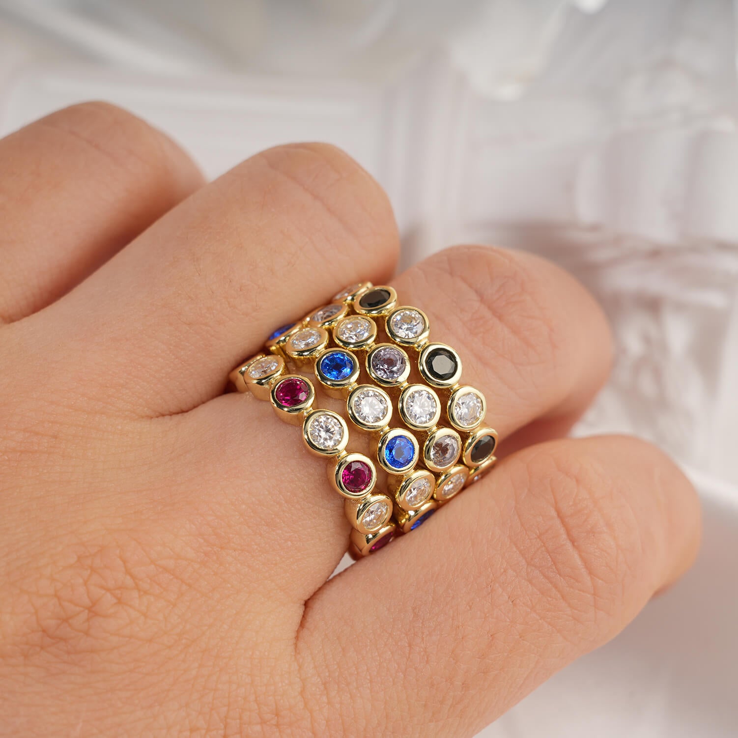 Bezel Setting Colored Moissanite Diamond Lab-Grown Gem Fashion Open Ring